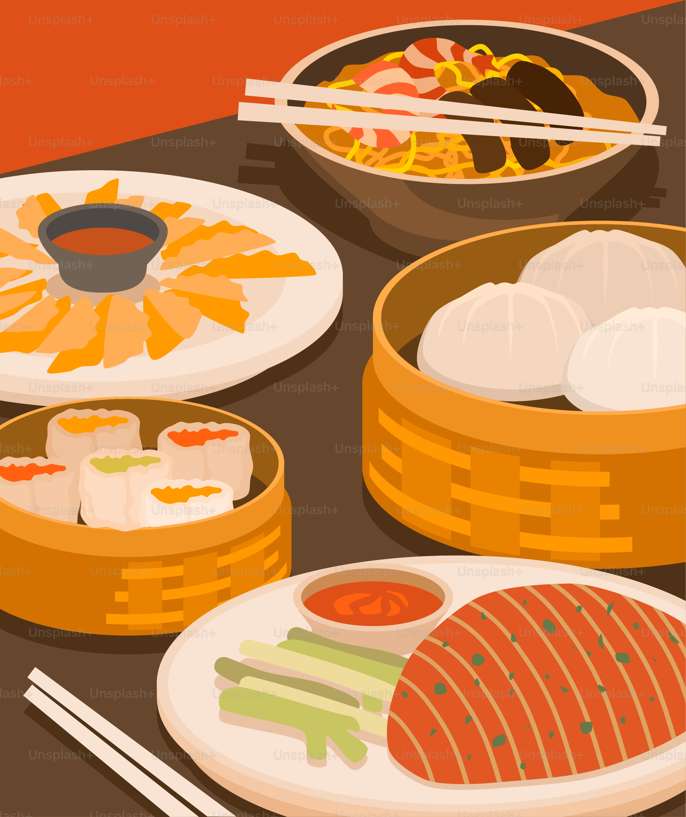 Un tavolo sormontato da piatti di cibo e bacchette