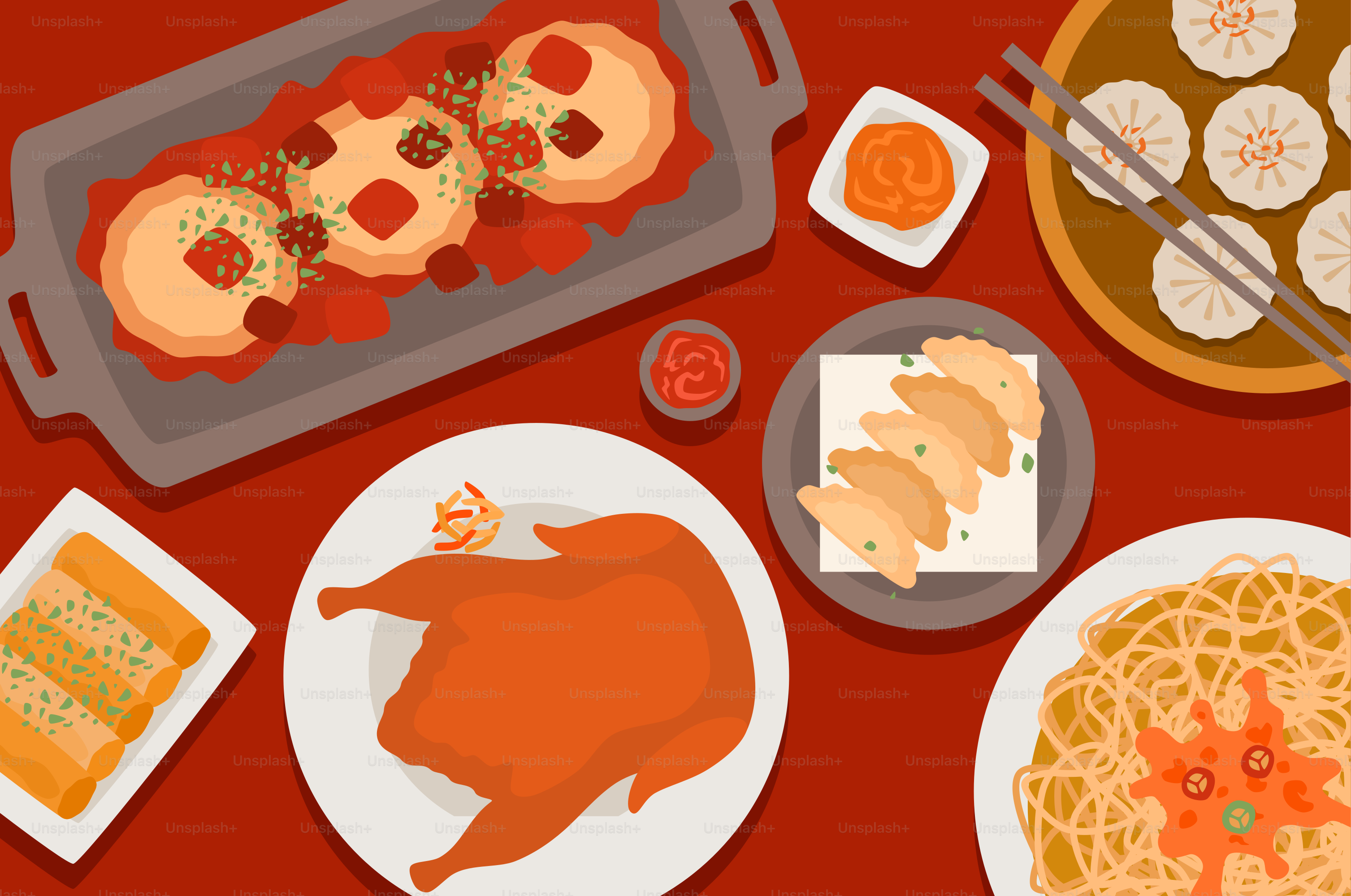 A red table topped with plates of food