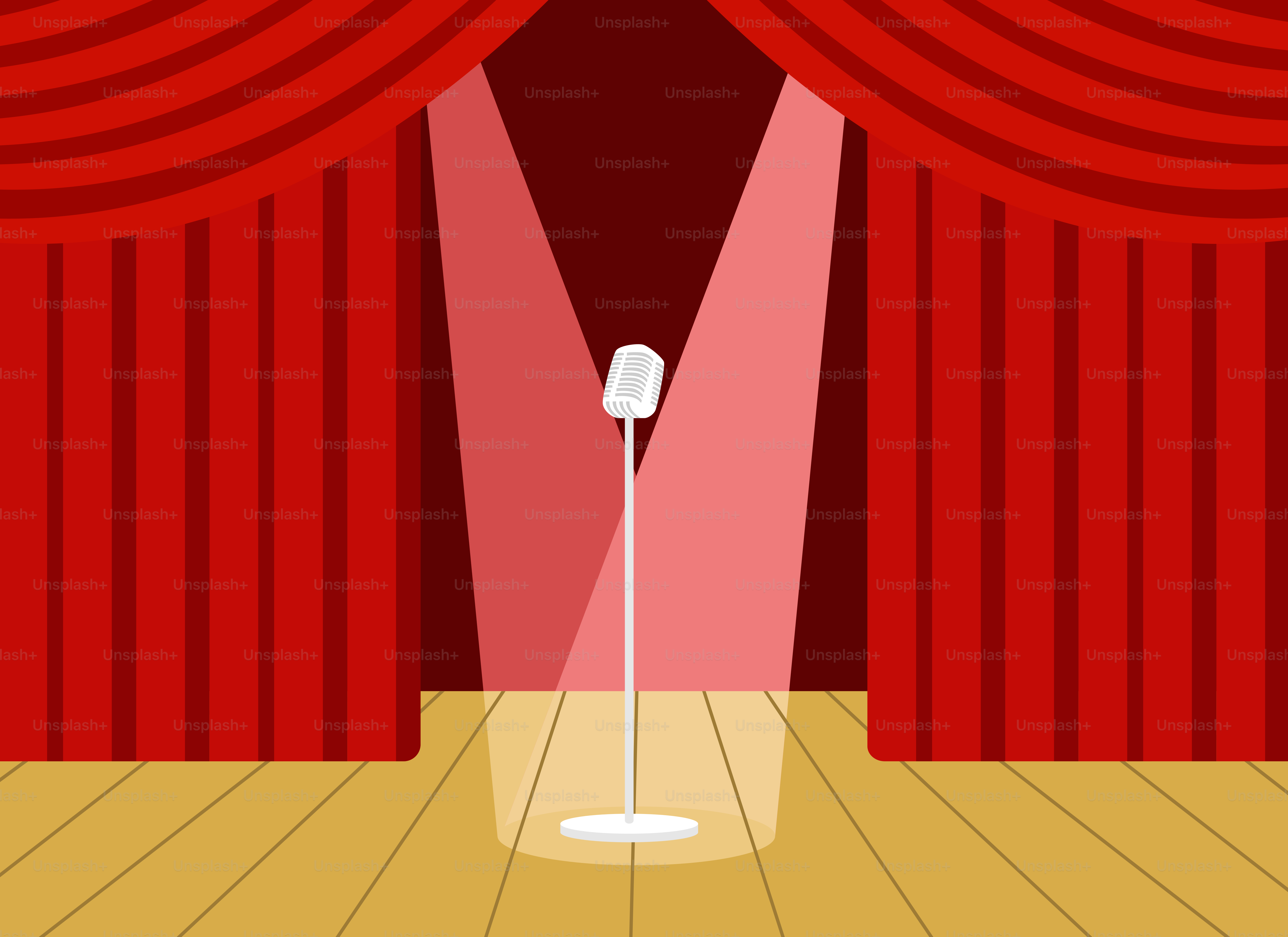 A room with a red curtain and a microphone