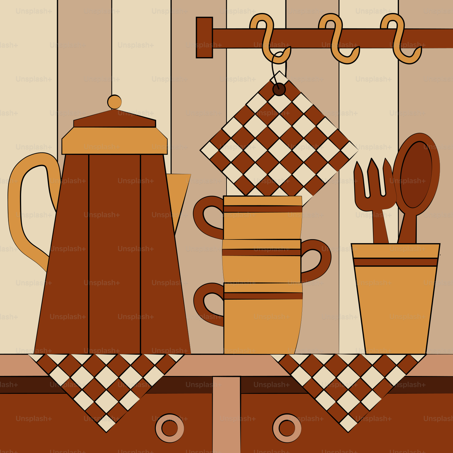 A kitchen scene with pots, spoons and utensils