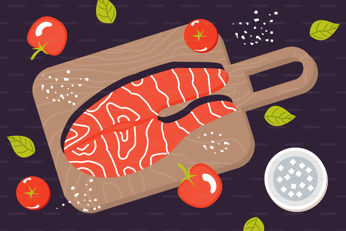 A cutting board with meat and tomatoes on it