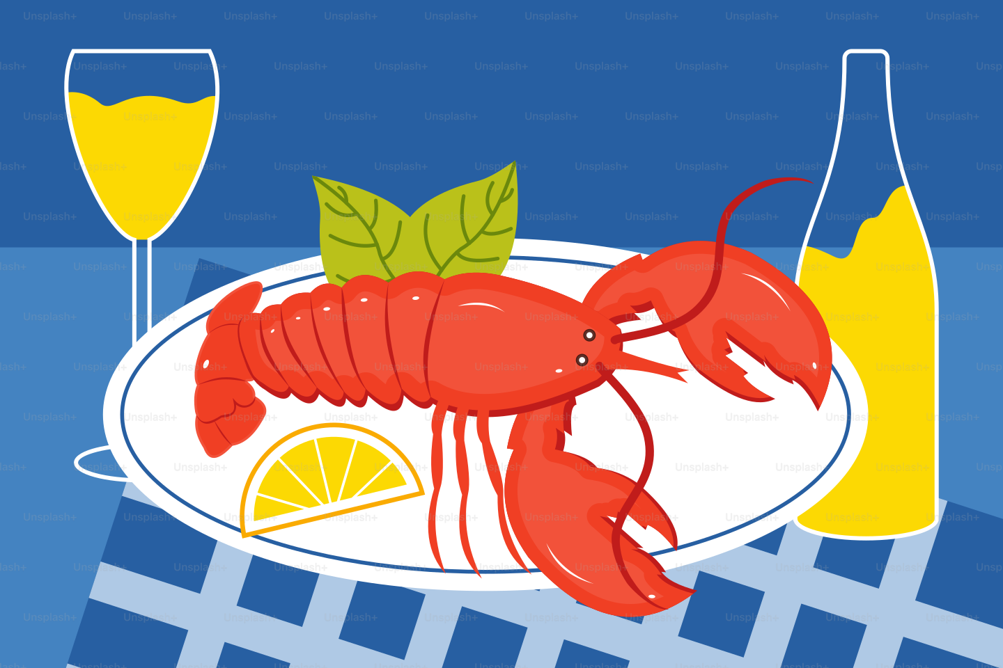 A plate with a lobster and a glass of wine