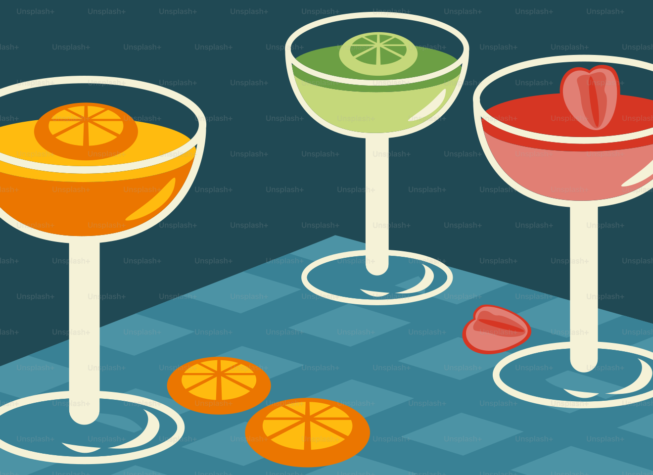 Tres vasos de bebidas de diferentes colores sobre una mesa