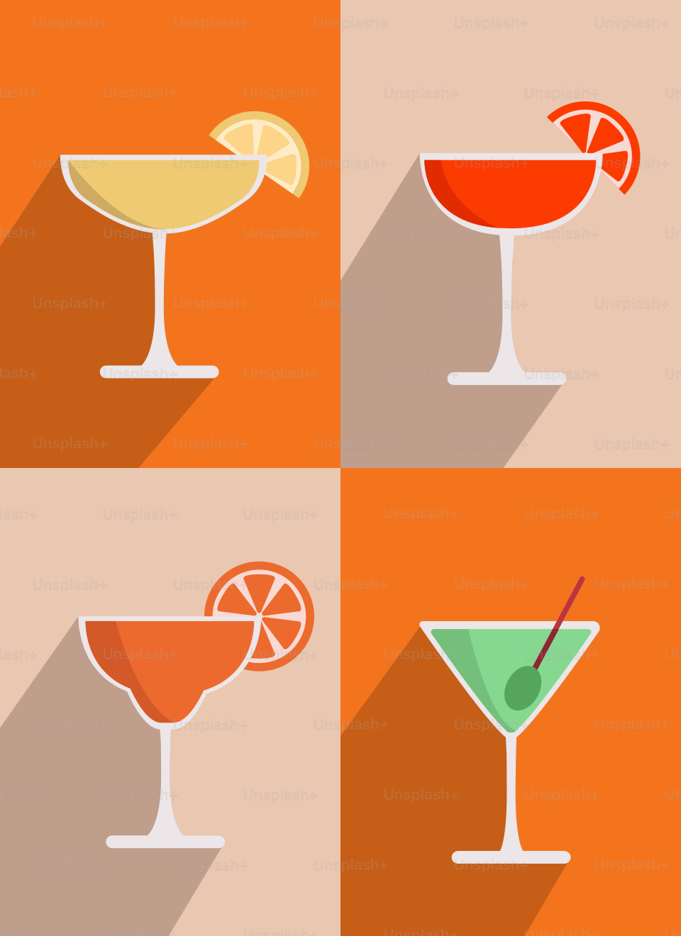 Cuatro tipos diferentes de cócteles con sombras largas
