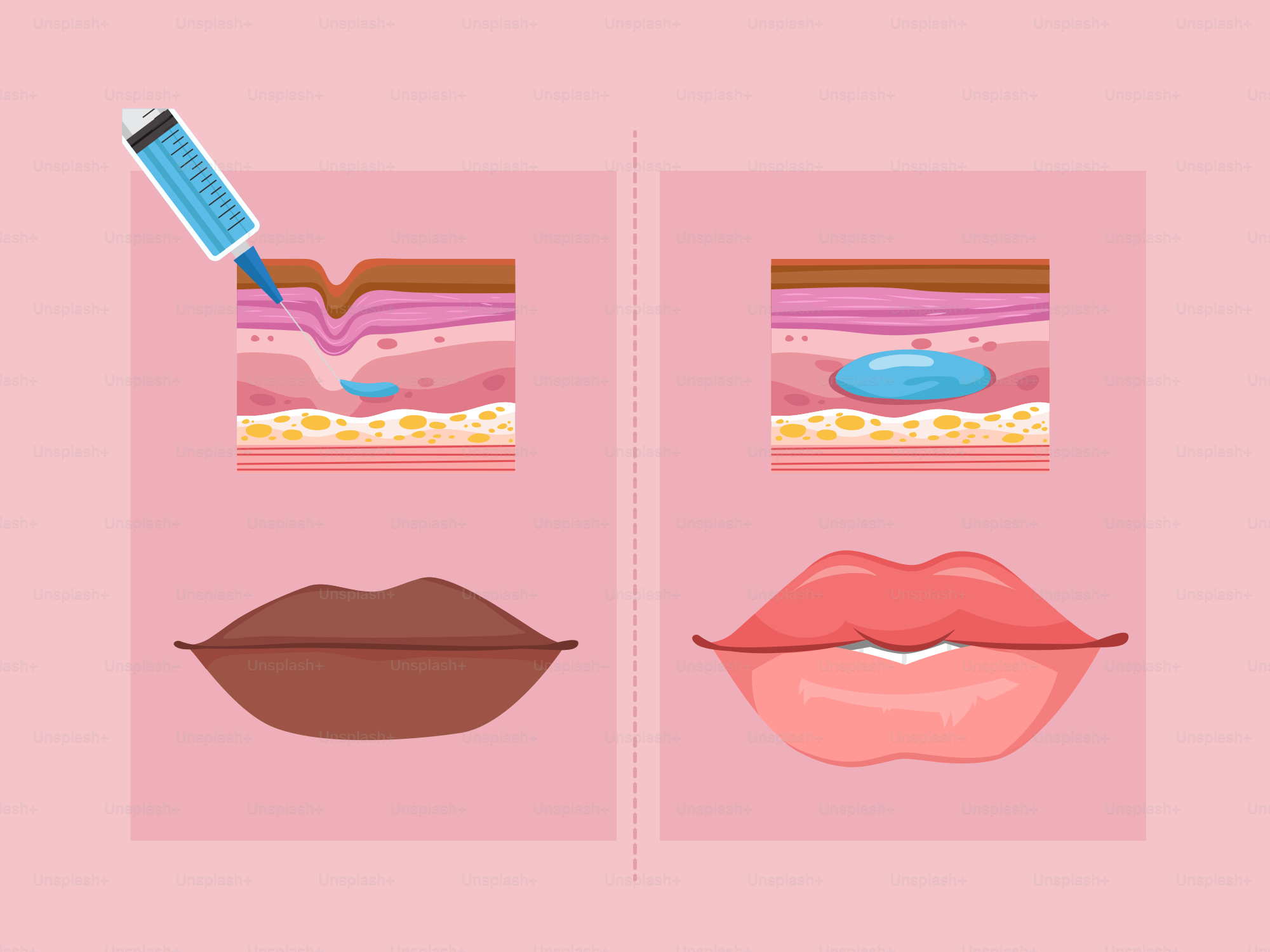 Un fondo rosa con diferentes tipos de labios