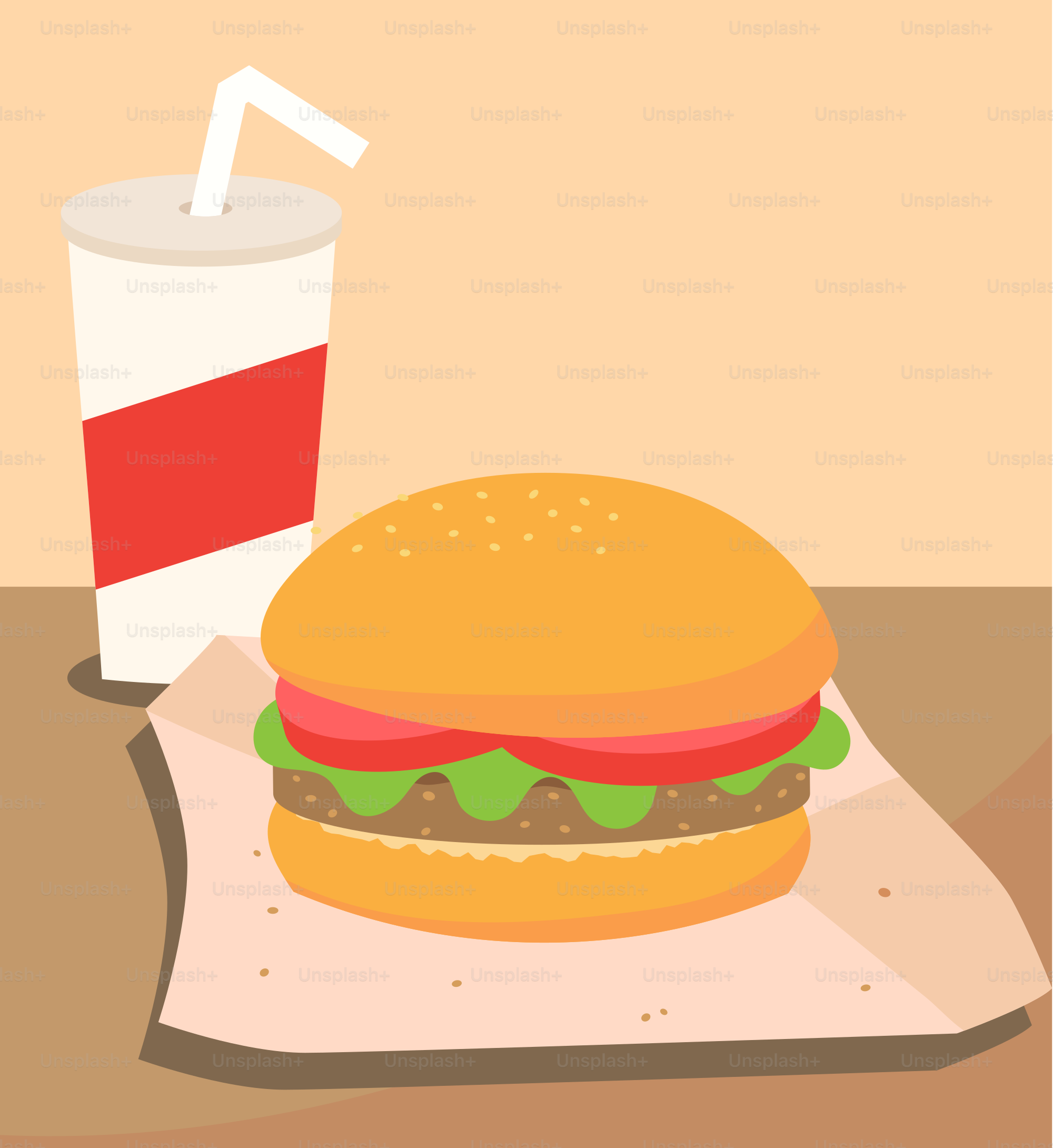 A hamburger and a drink on a table