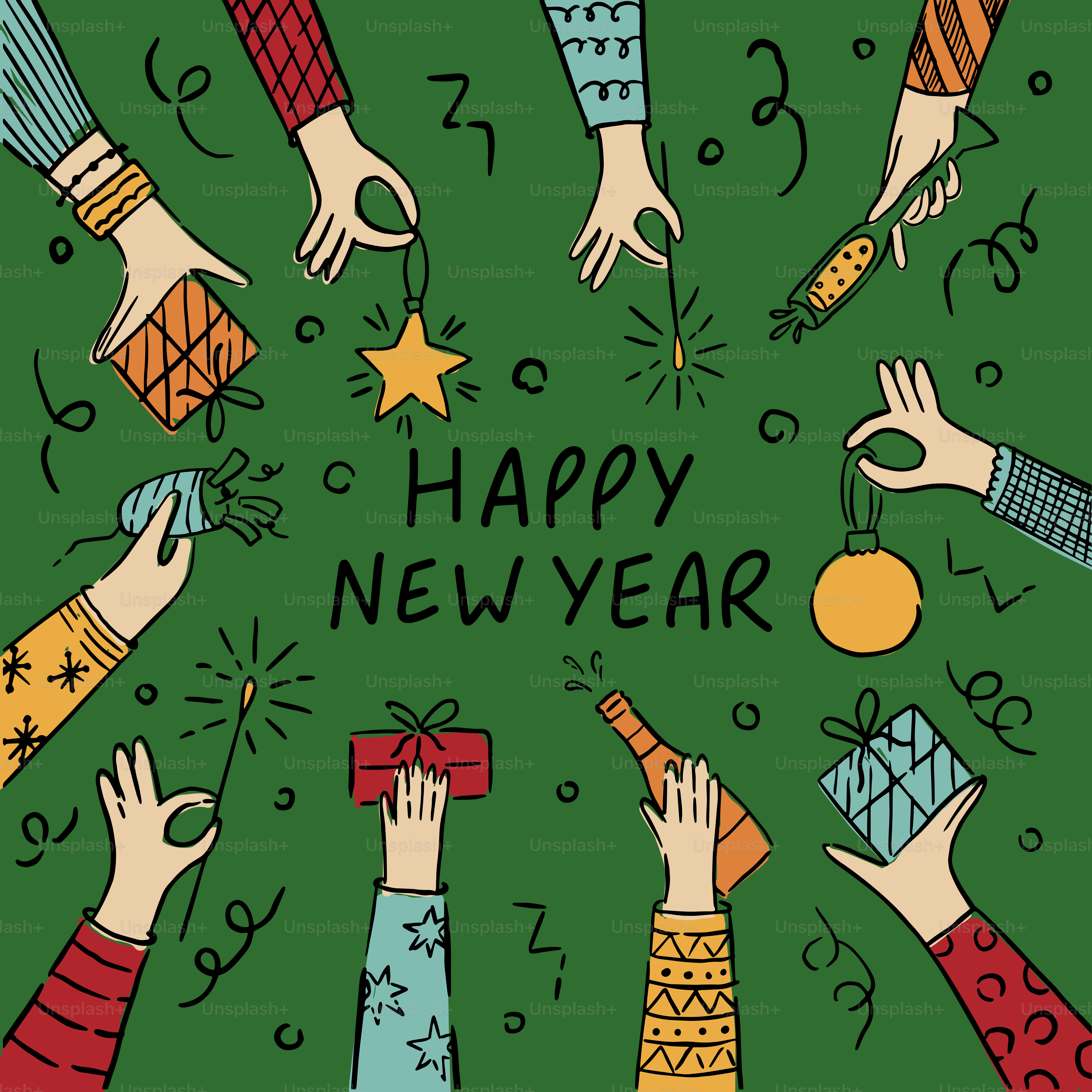 Un gruppo di persone che tengono la mano insieme con le parole buon anno nuovo