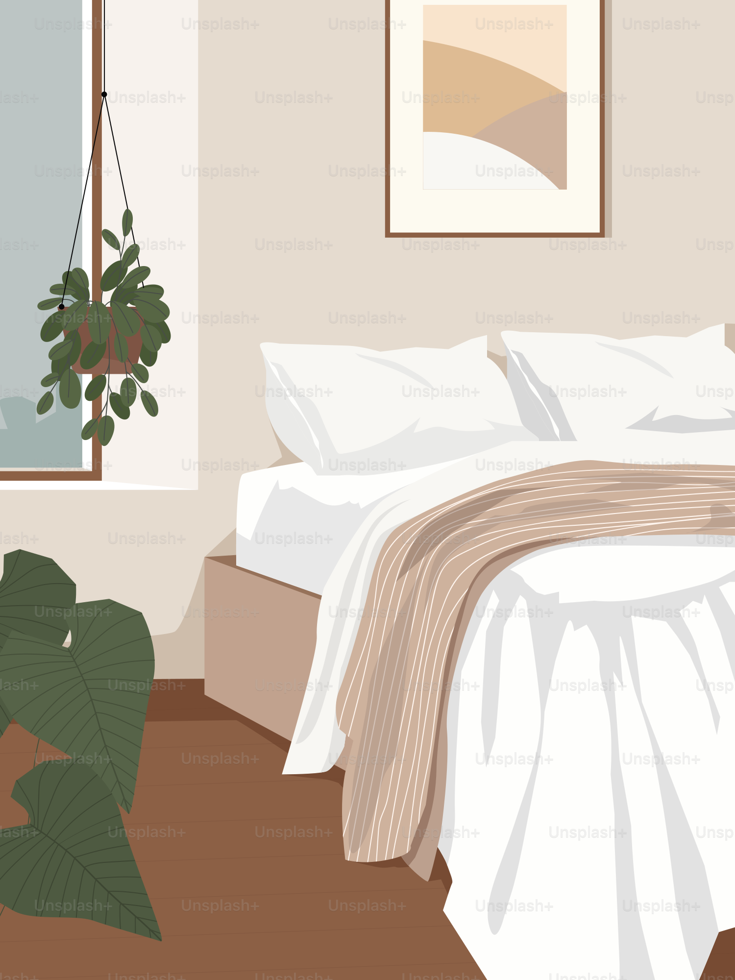 A bedroom with a bed and a plant in the corner