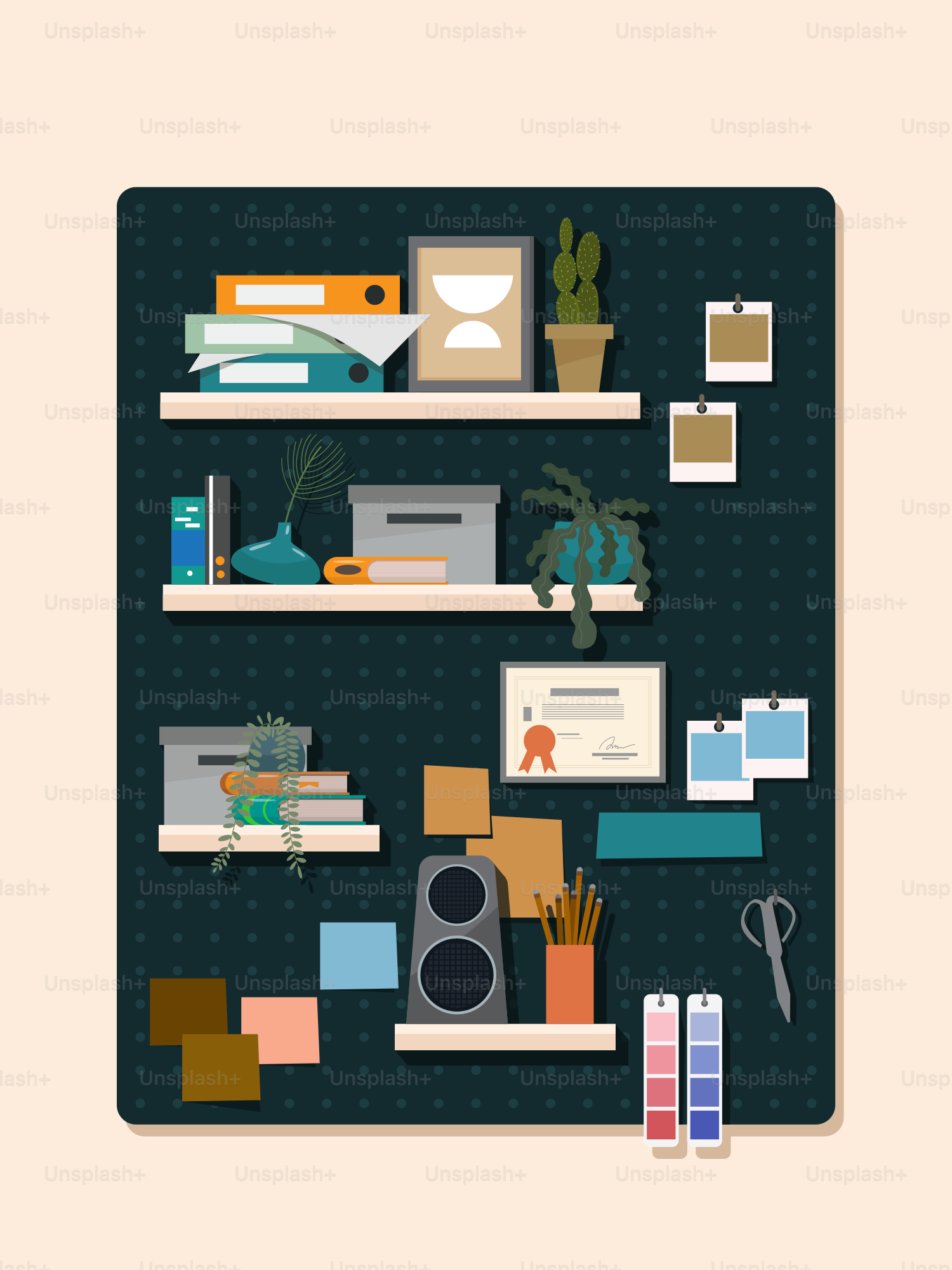 A flat design of a shelf with various items on it