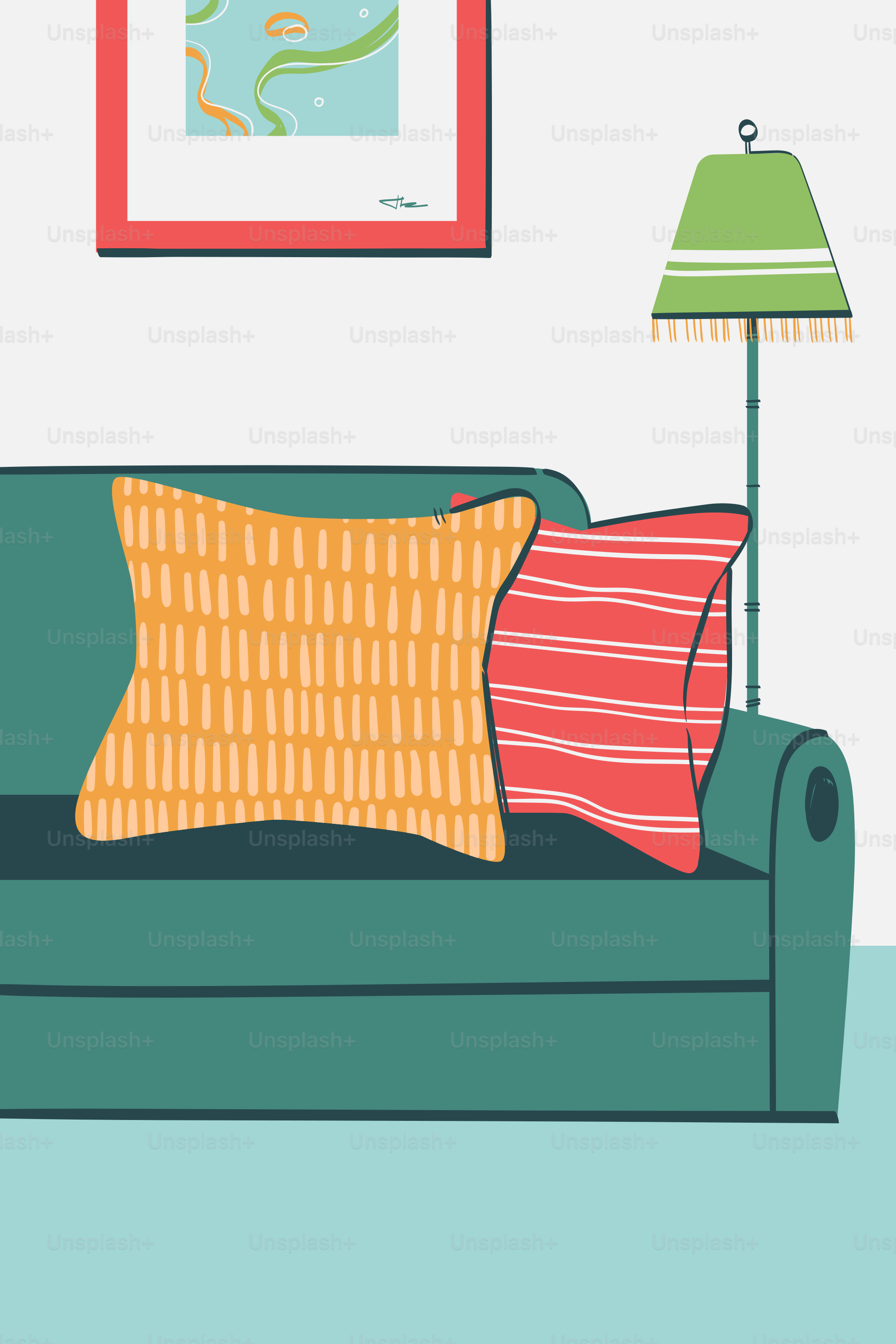 A living room with a couch, lamp and pictures on the wall