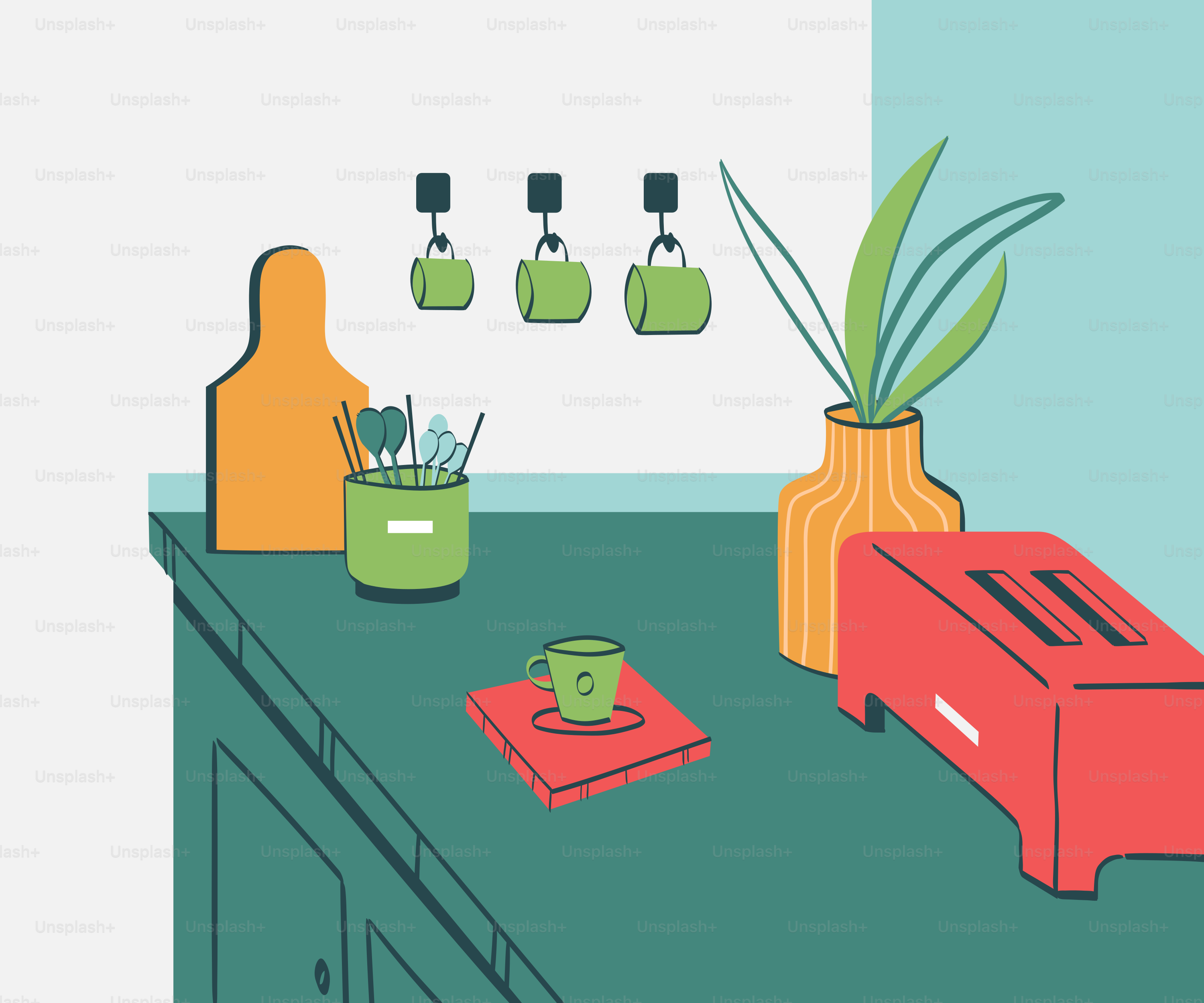 A kitchen with a green counter top next to a red refrigerator