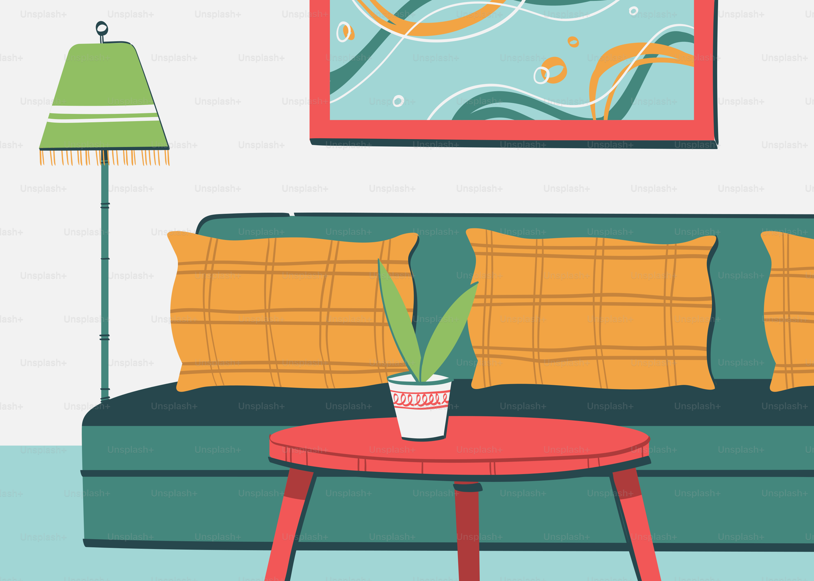 A living room with a green couch and a red table