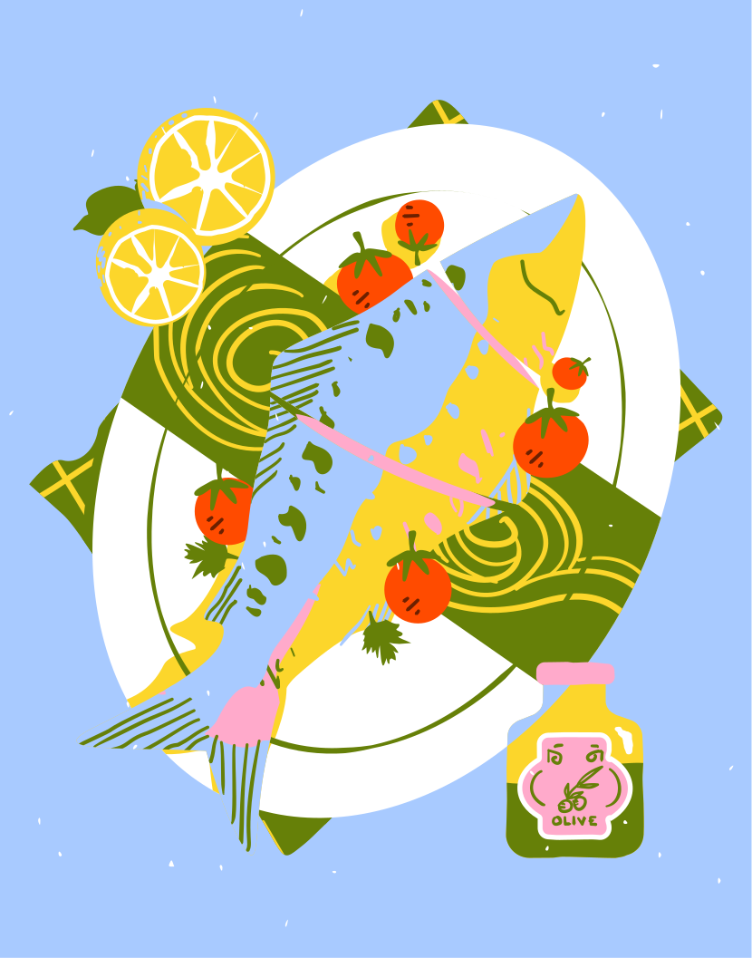 Una foto de un plato de comida sobre un fondo azul