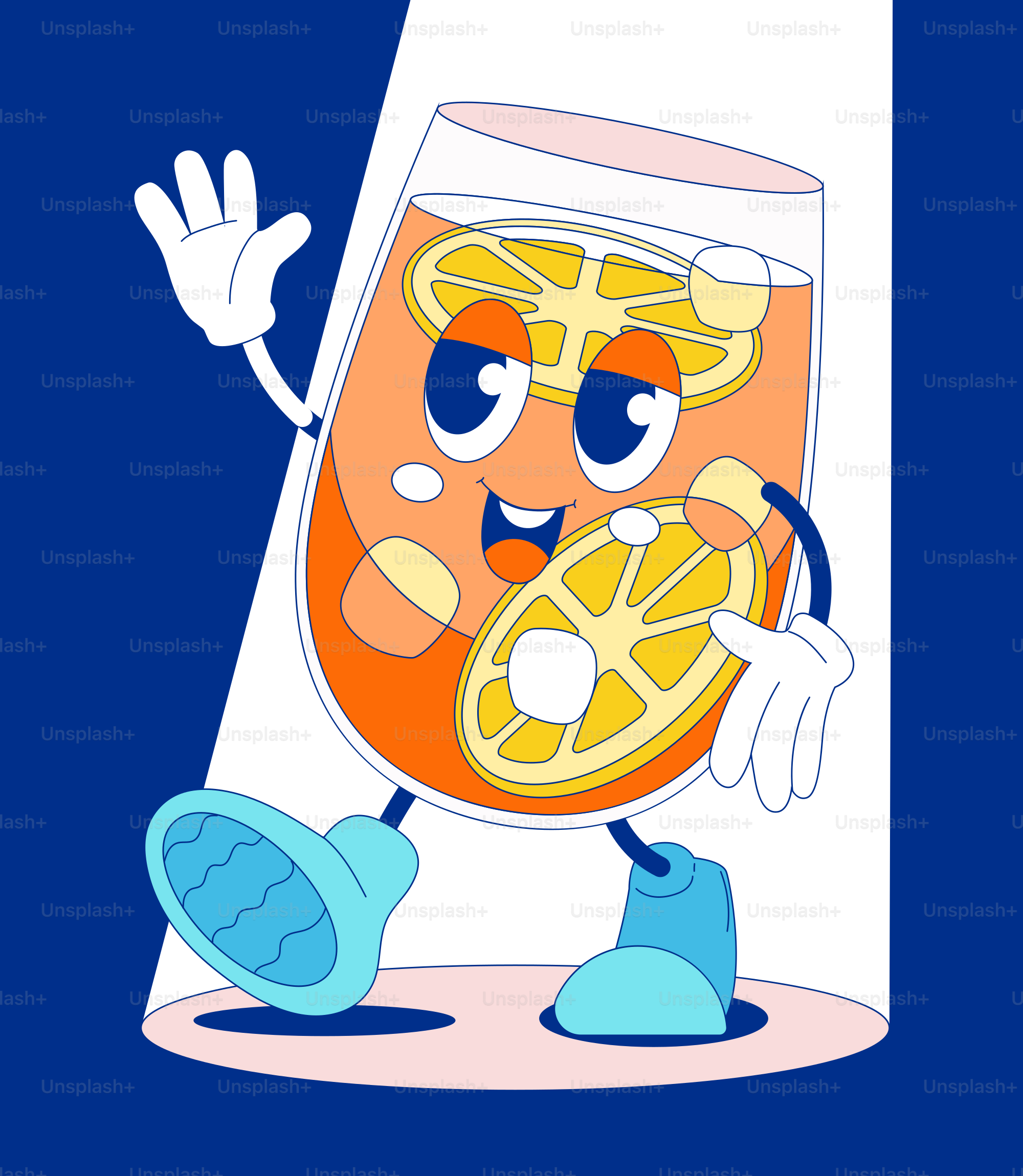 A cartoon character holding a glass of orange juice