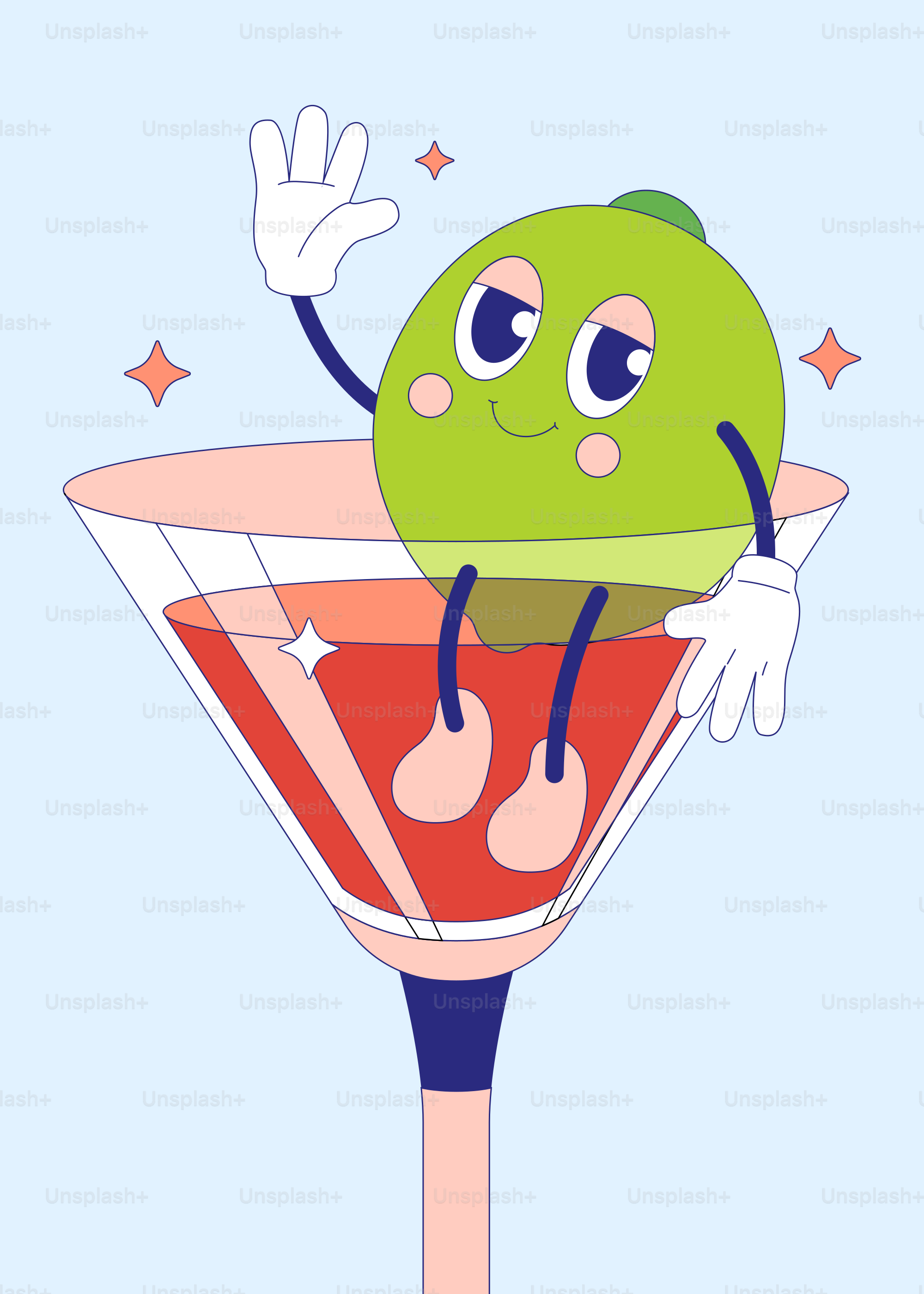 A green cartoon character sitting in a martini glass
