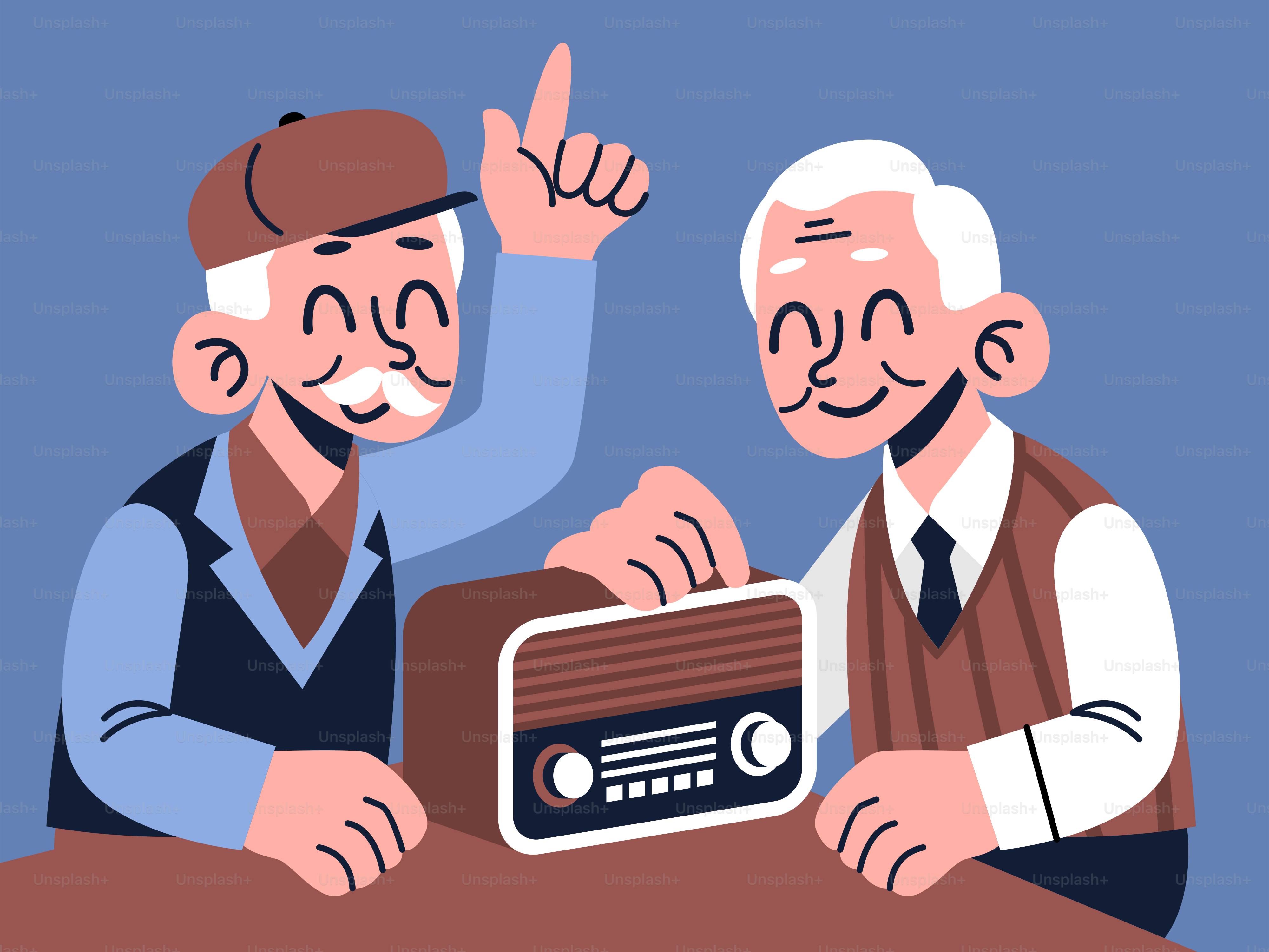 A couple of men sitting at a table with a radio