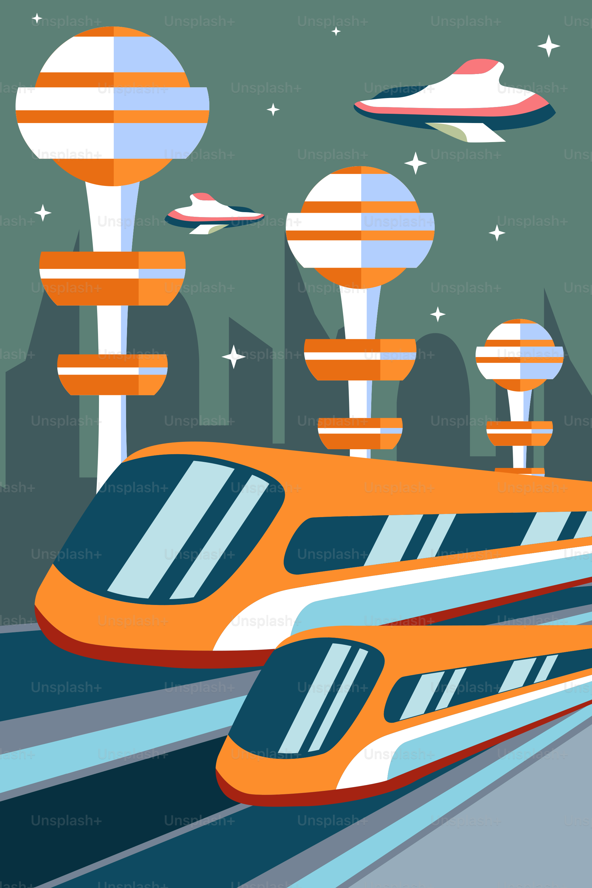 A train traveling through a city surrounded by tall buildings