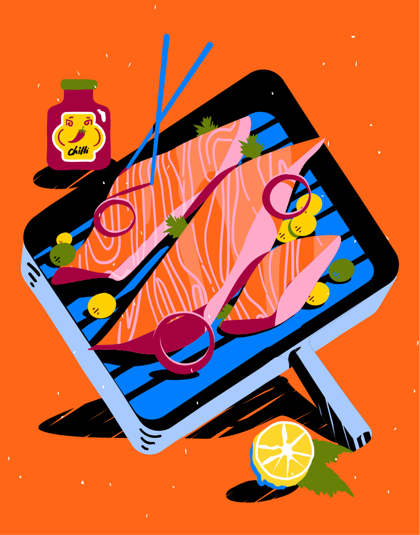 Una imagen de salmón y limones en un plato