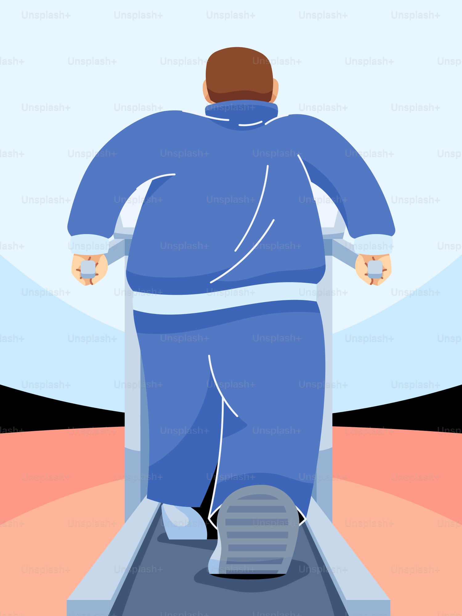 A man in a blue suit riding a skateboard