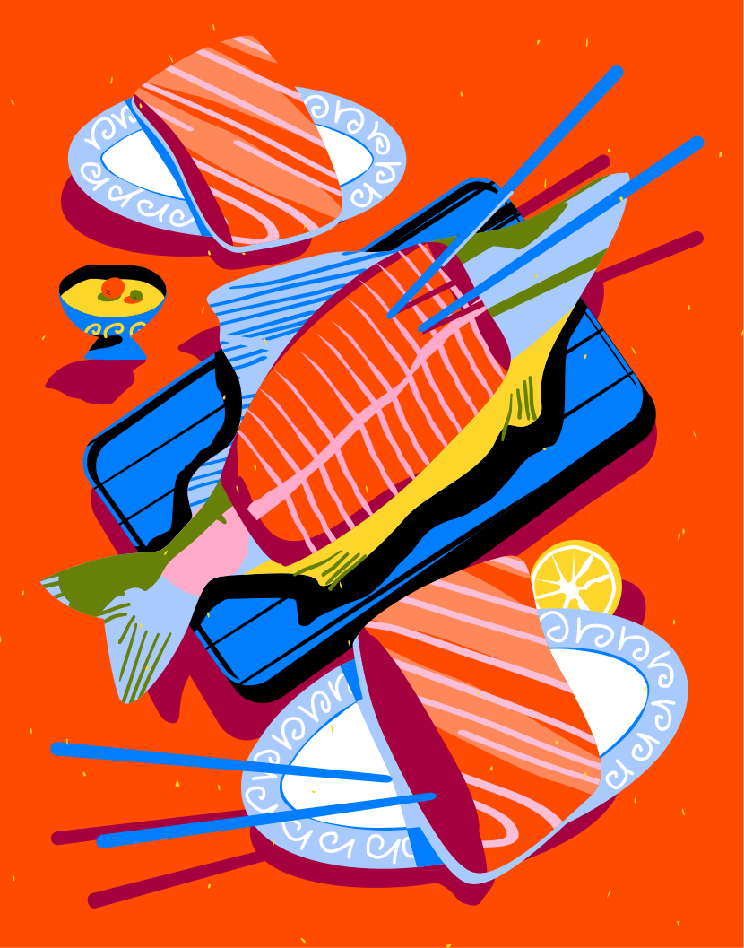 Una pintura de pescado en un plato con palillos