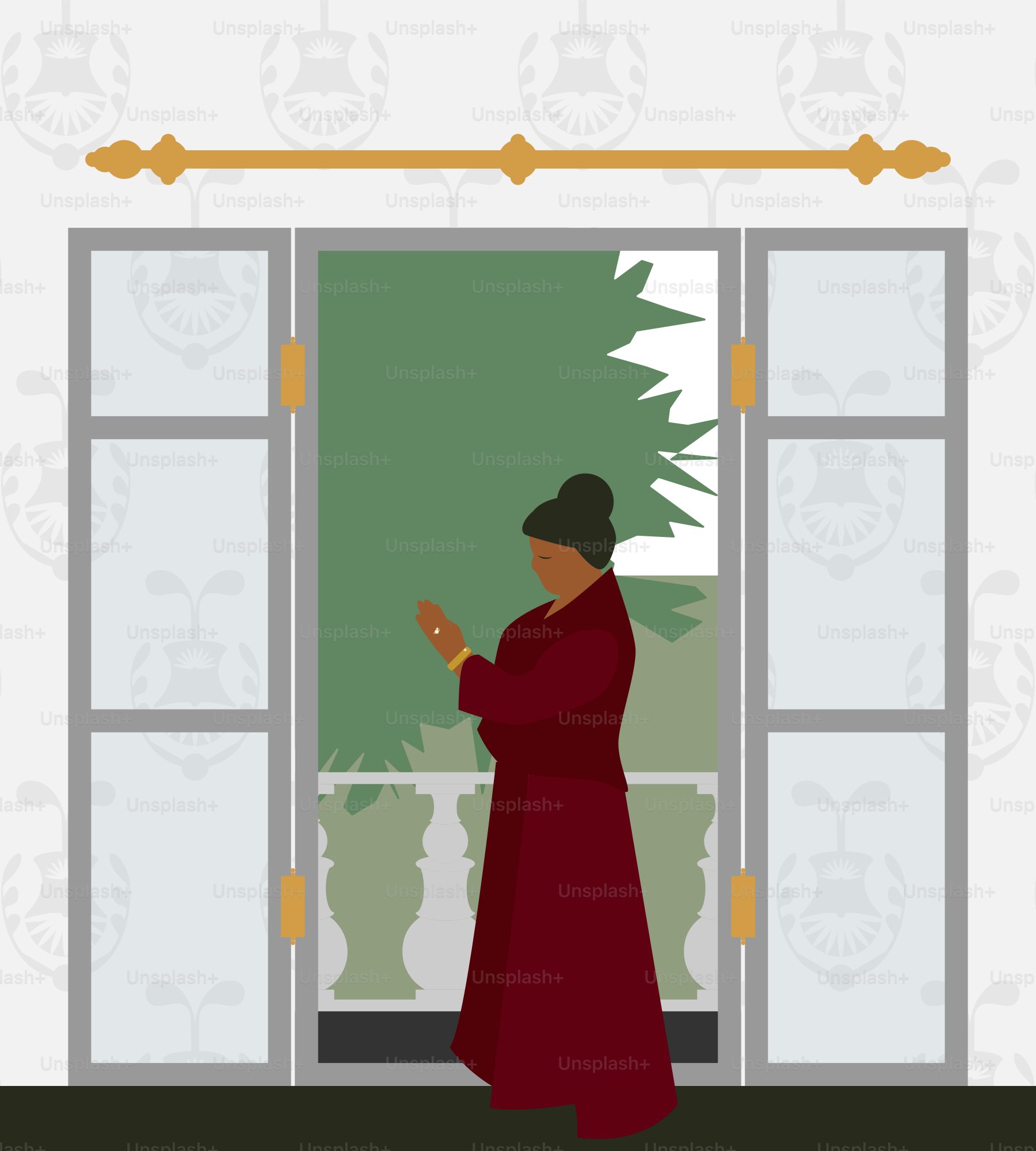 A woman in a red dress is entering a building