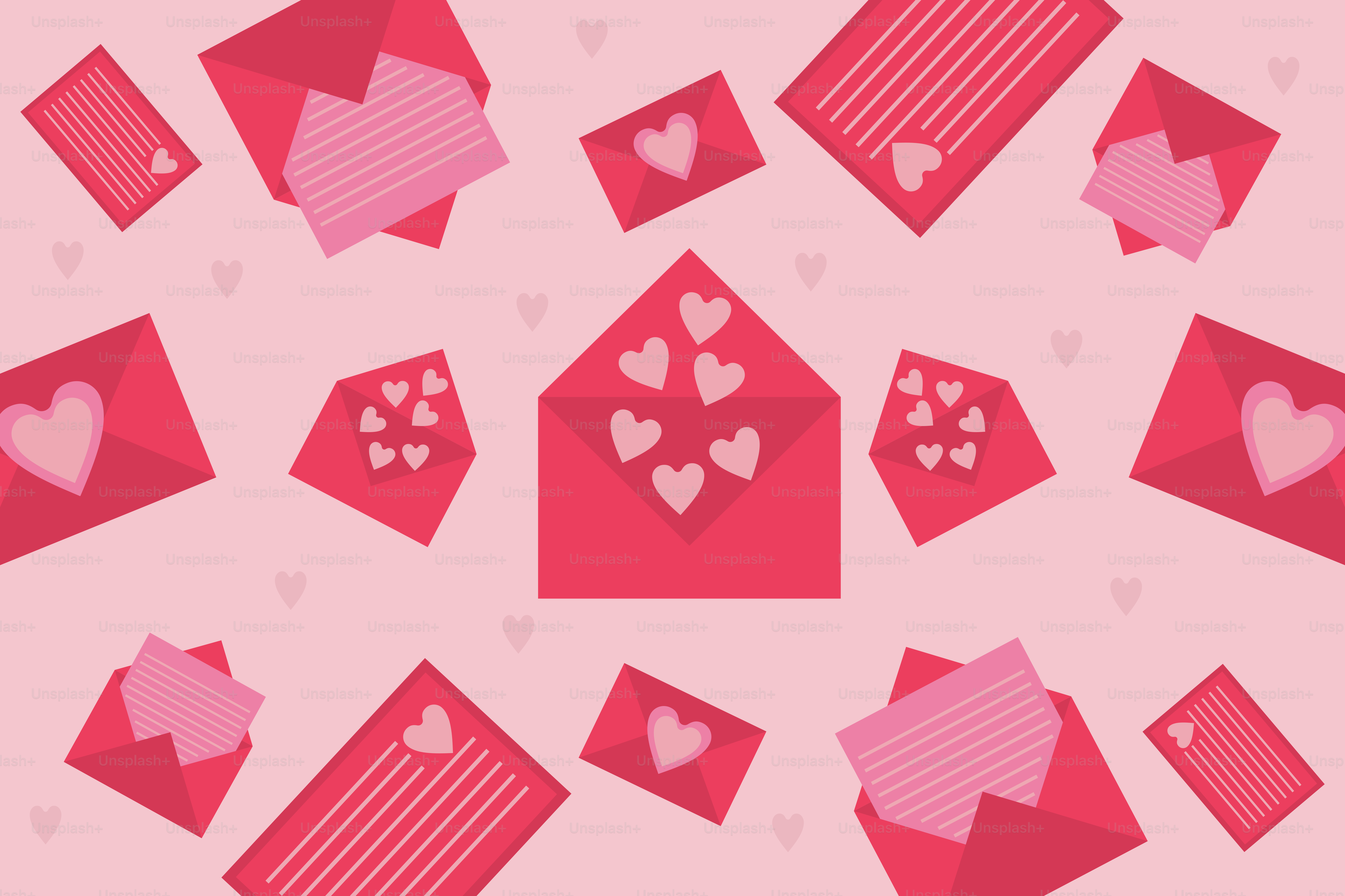 A pattern of hearts and envelopes on a pink background