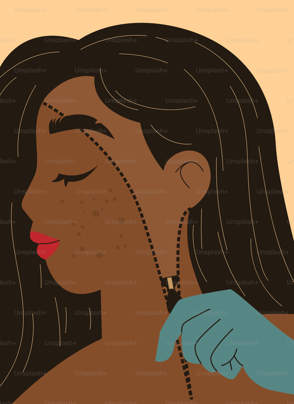 A woman with a needle in her mouth