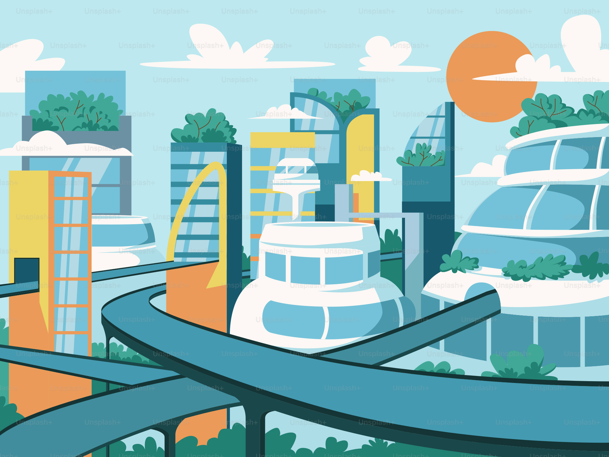 A cartoon of a city with buildings and roads