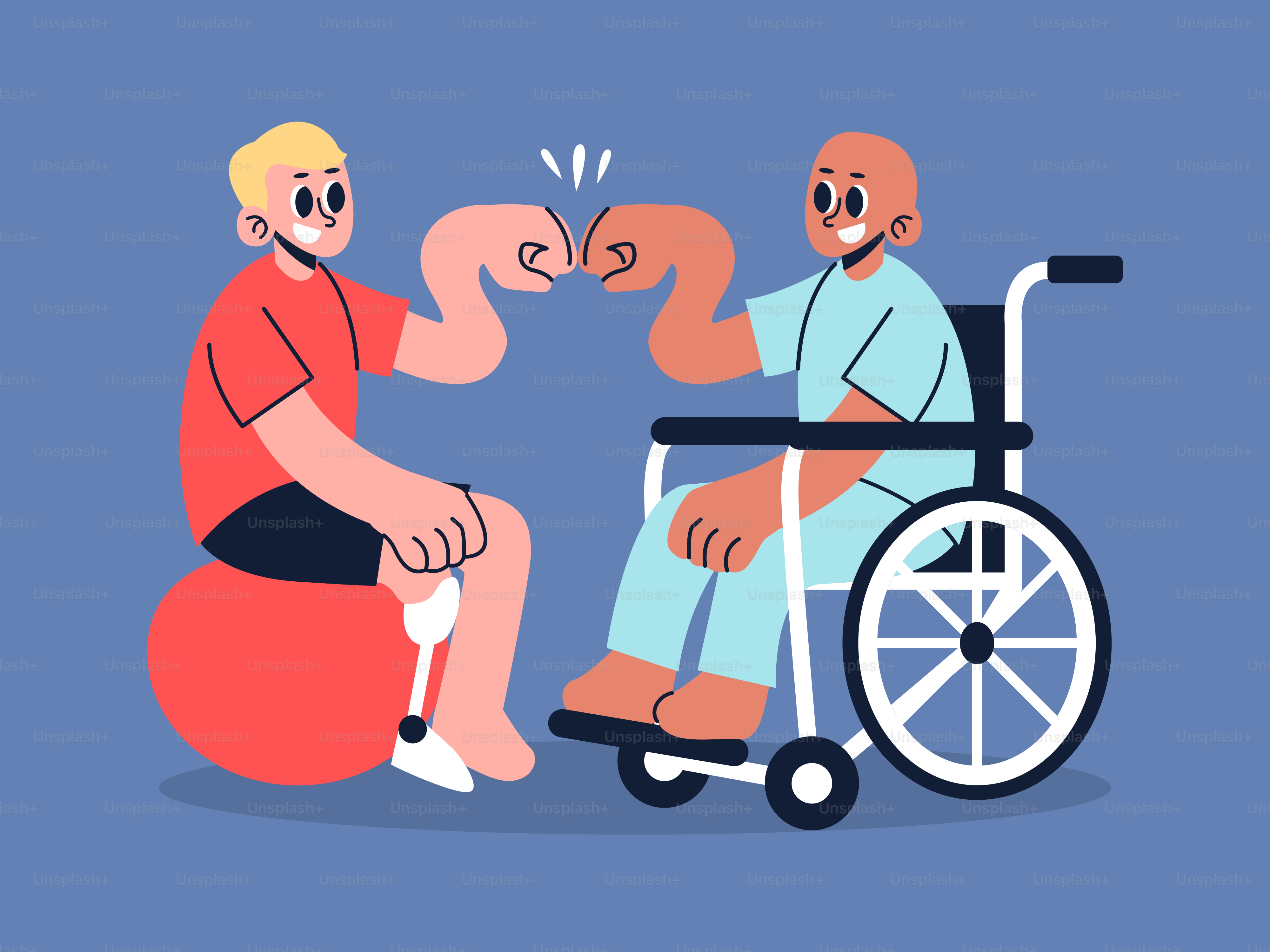 A man in a wheel chair talking to a man in a wheelchair