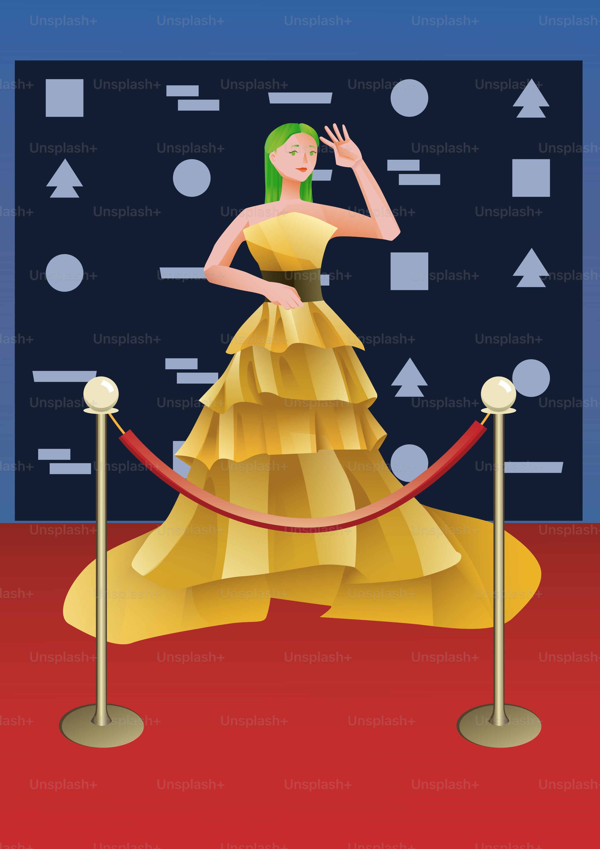 A woman in a yellow dress on a red carpet