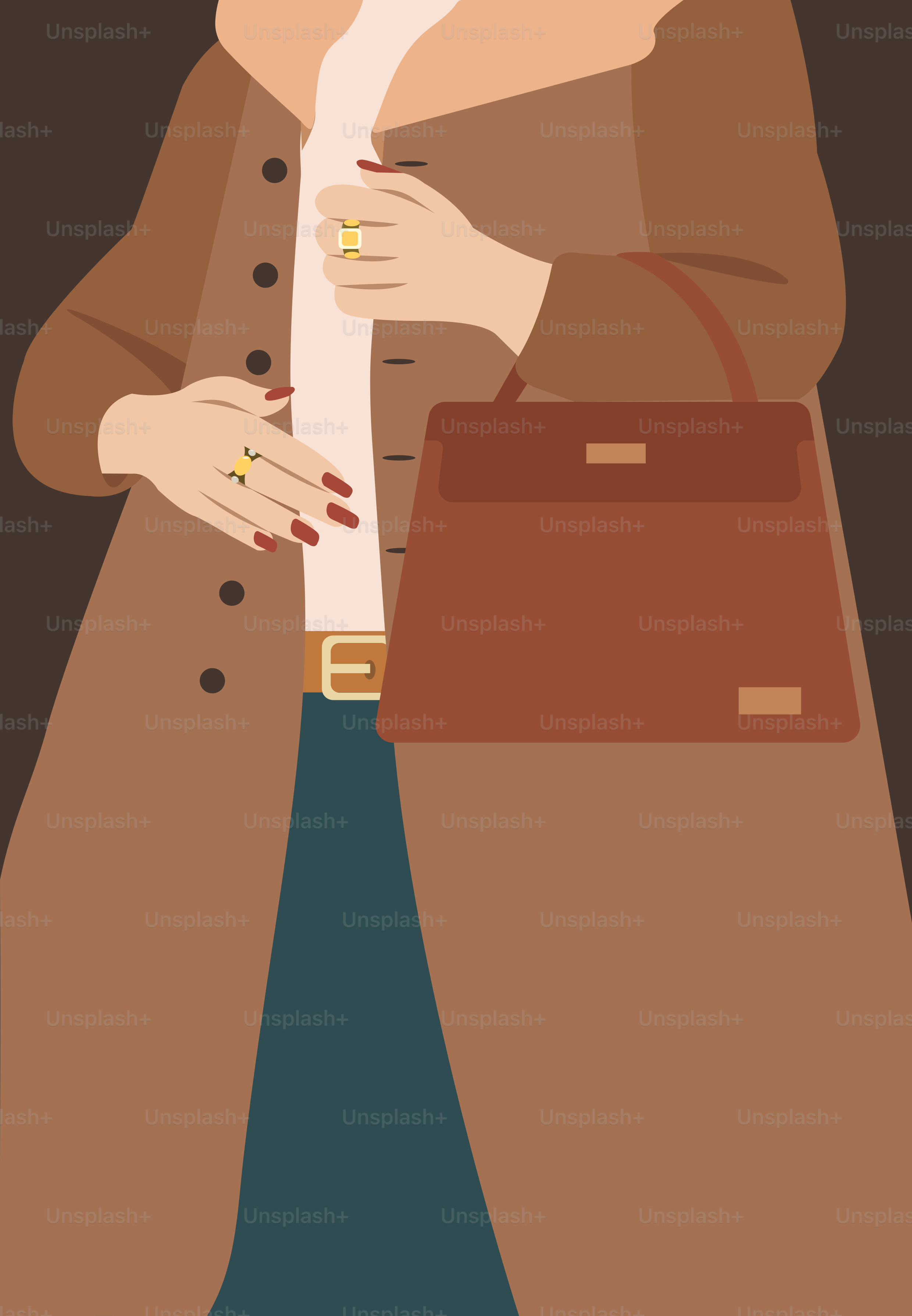 A woman in a trench coat holding a brown purse