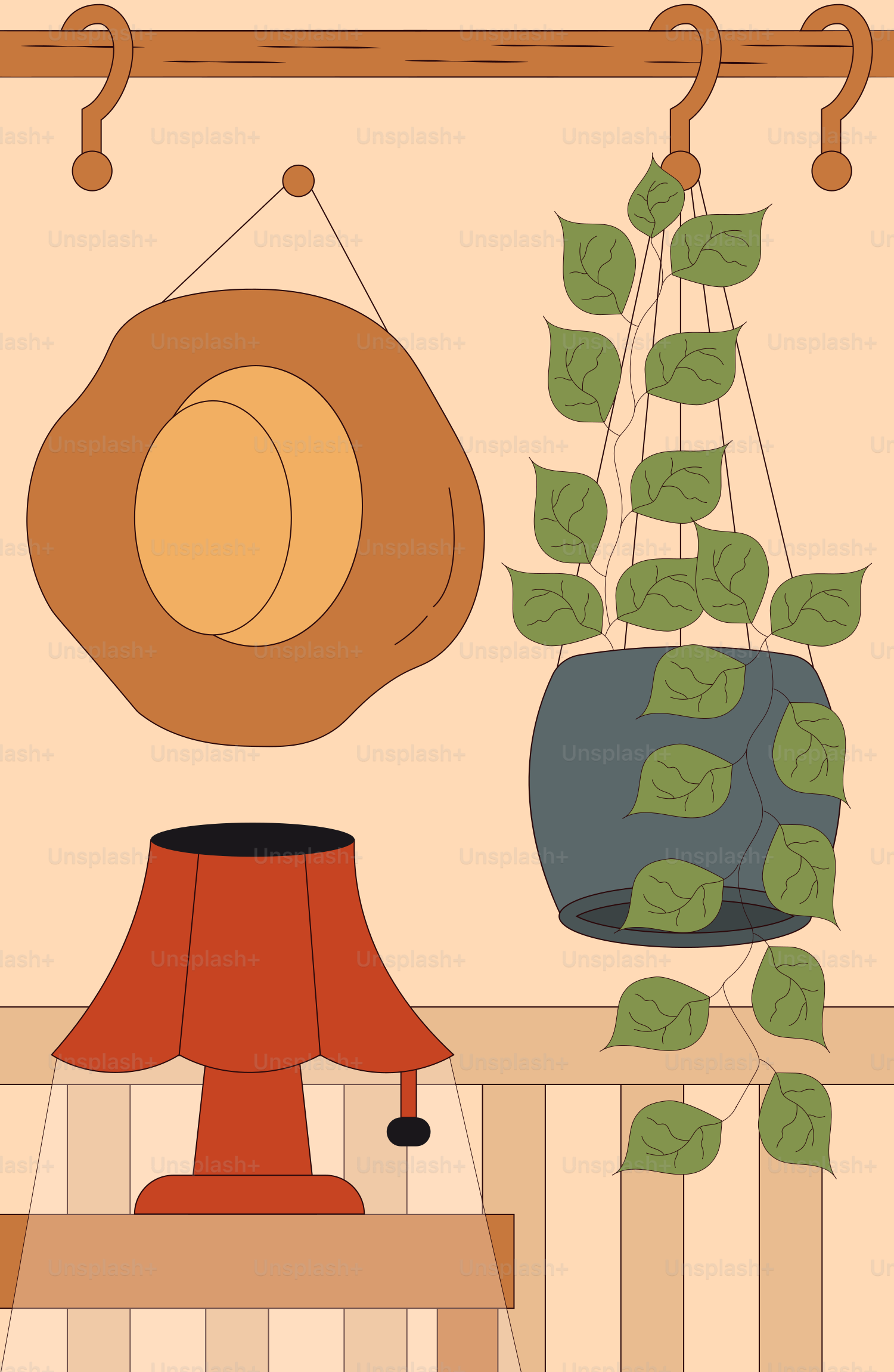 A room with a plant and a hat on the wall