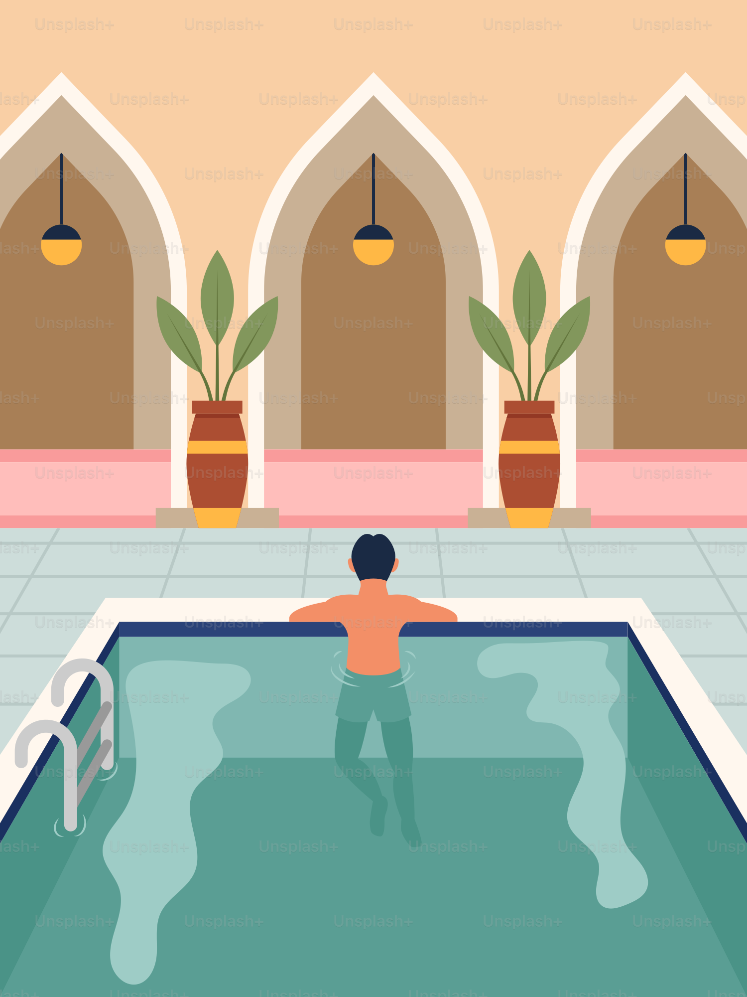 A man in a swimming pool surrounded by potted plants