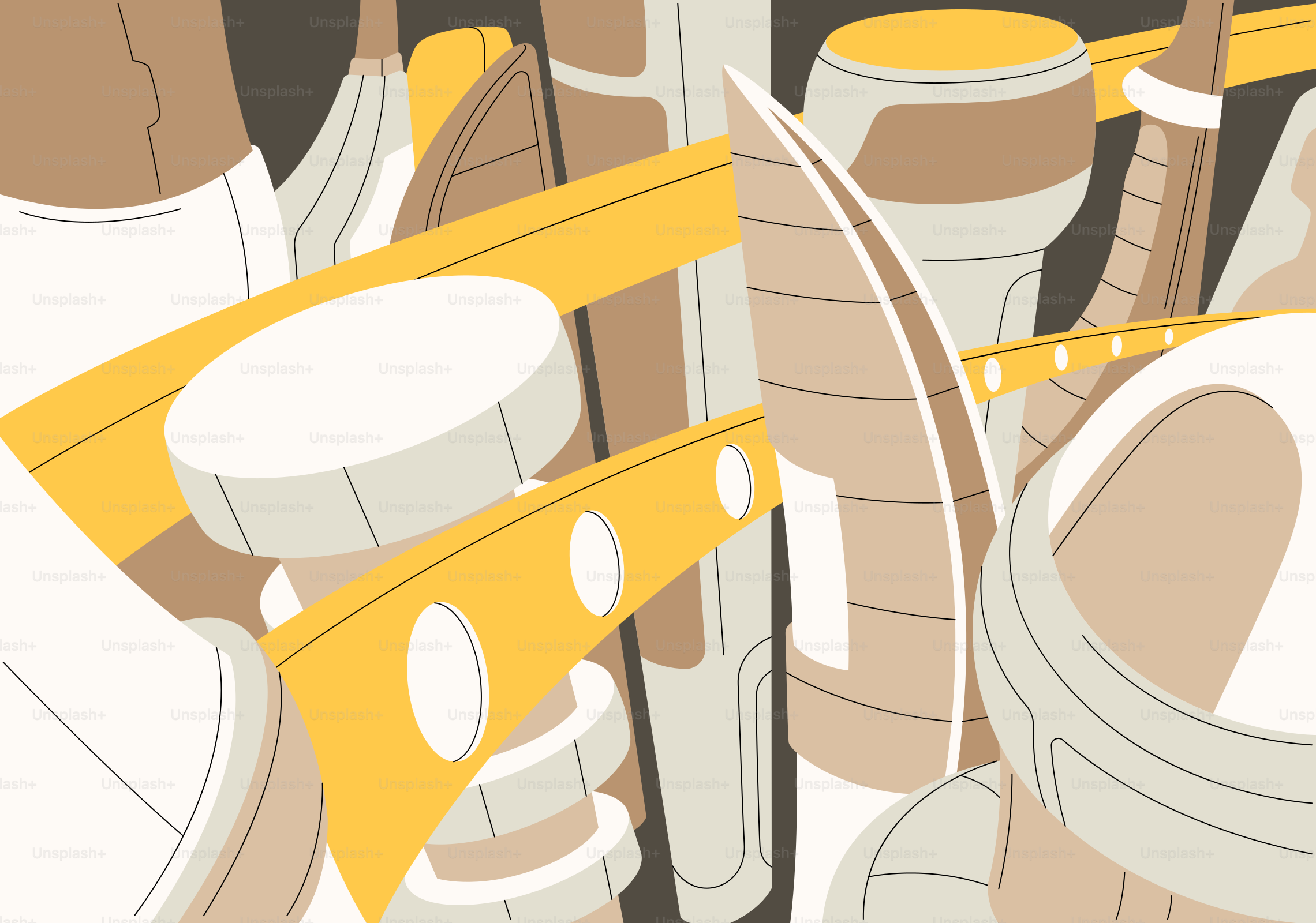 Un montón de objetos amarillos y blancos en una habitación