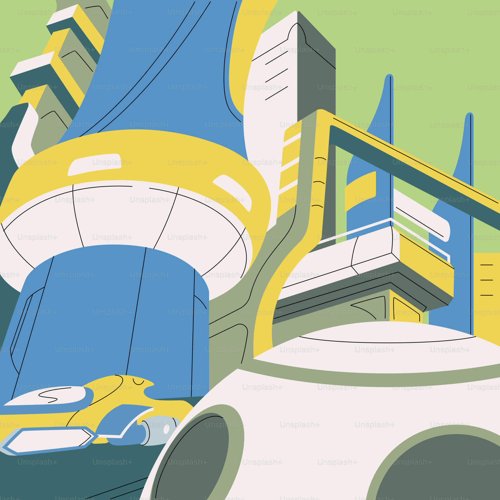 Un dibujo animado de una estación espacial con un cohete de fondo