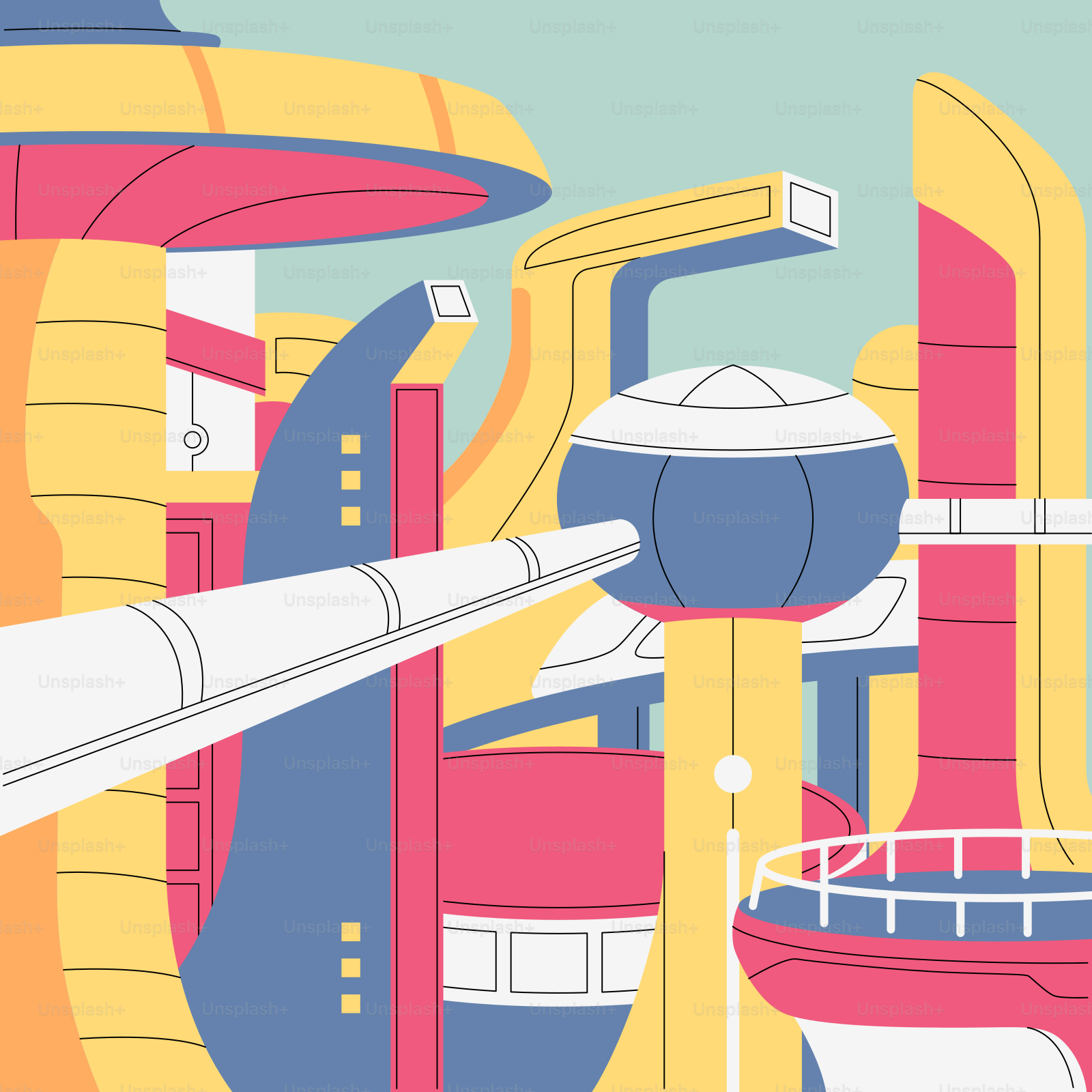 Un grupo de tuberías y tuberías con un cielo azul al fondo