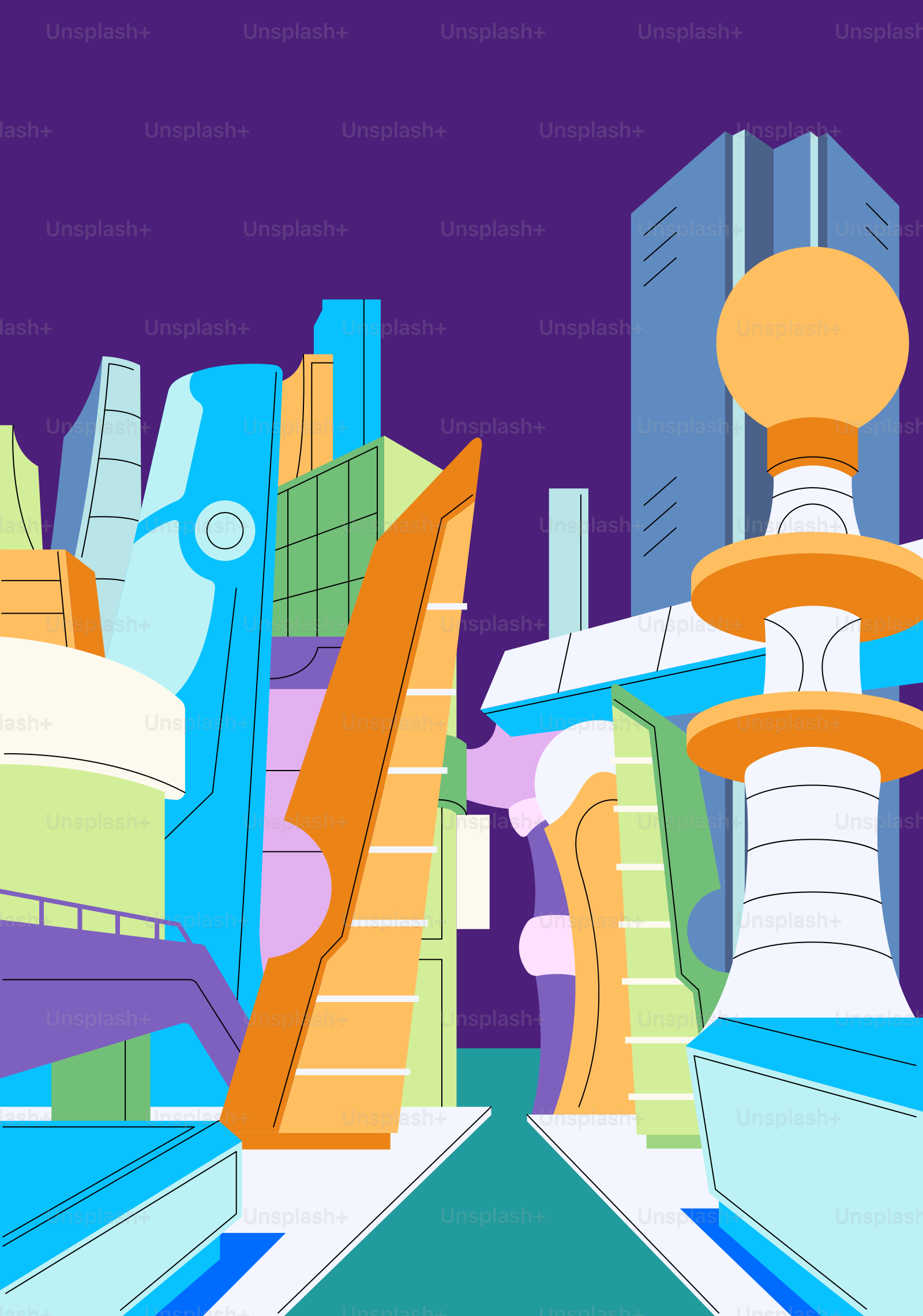 A colorful illustration of a city with tall buildings