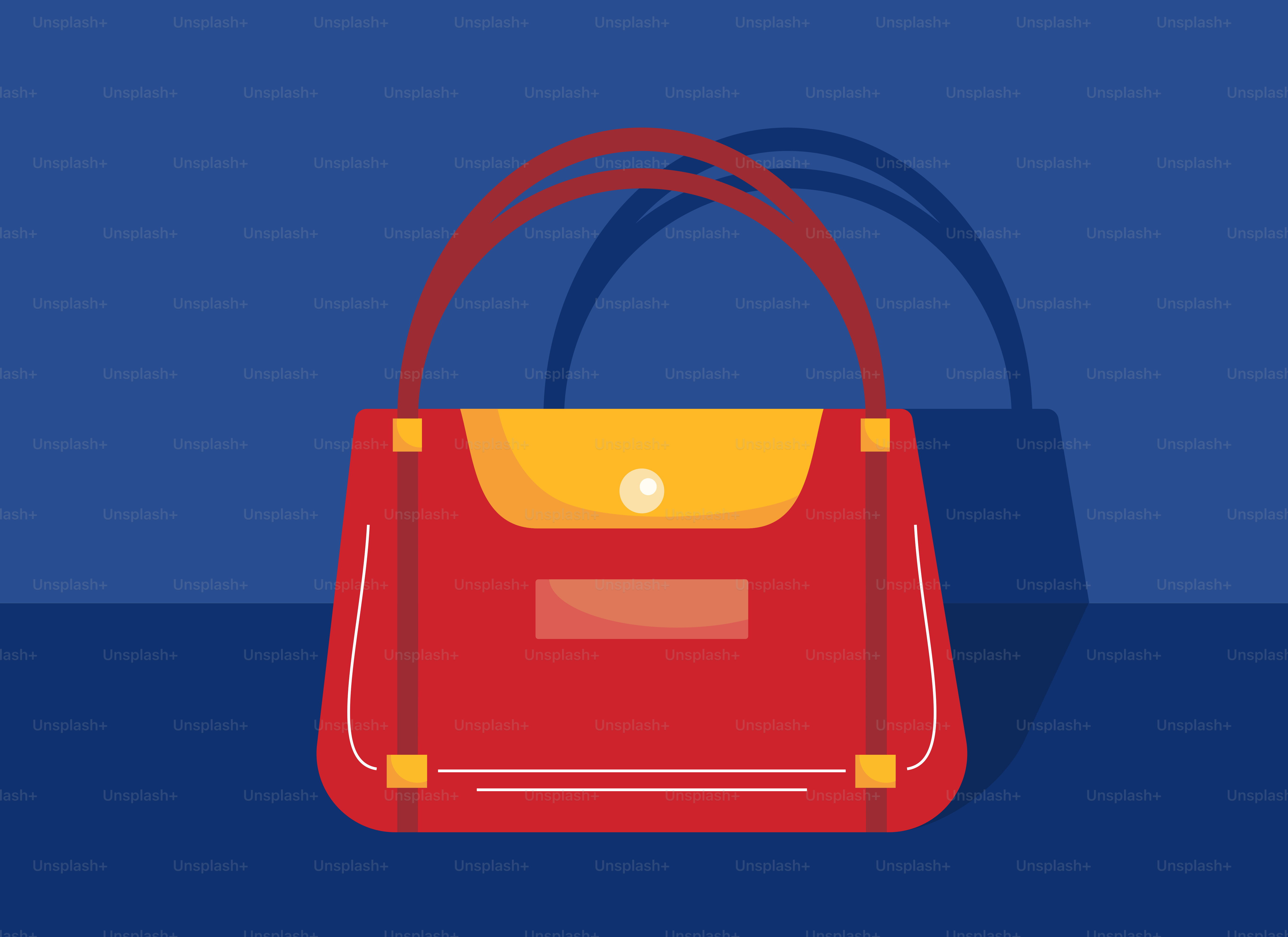 A red purse with a yellow handle on a blue background
