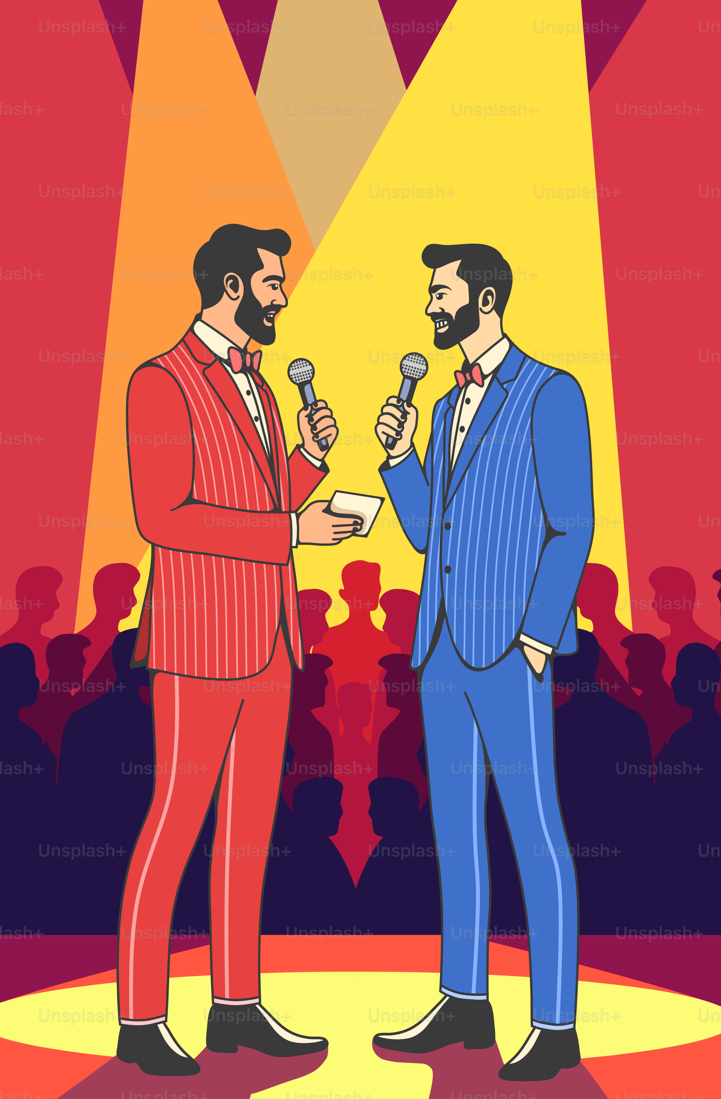 A couple of men standing next to each other on a stage