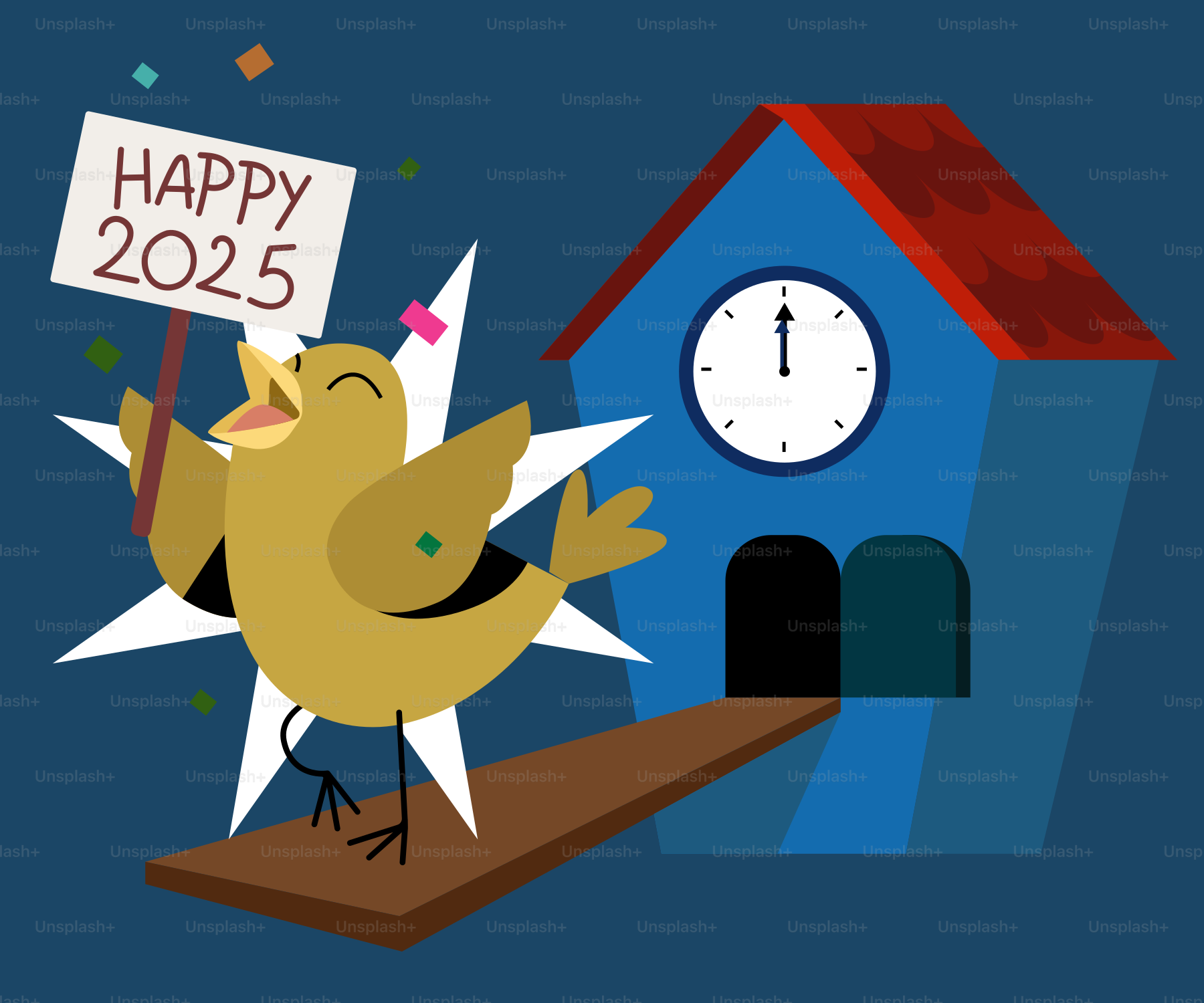 A cartoon bird holding a happy new year sign