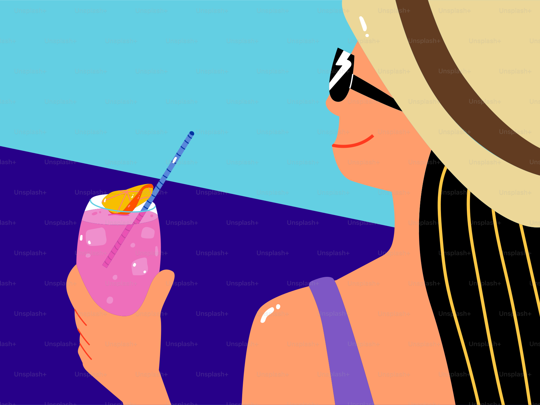 Una mujer con sombrero y gafas de sol sosteniendo una bebida