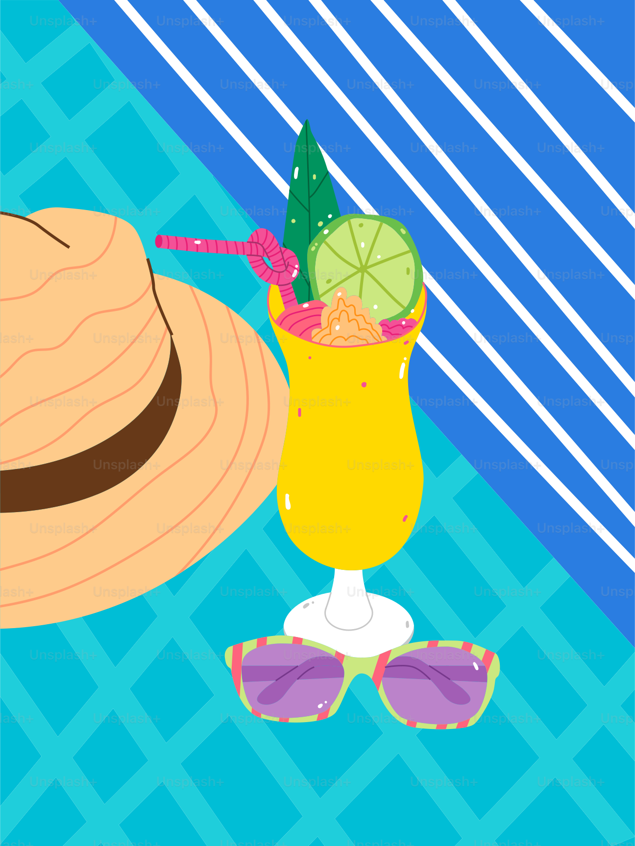 A picture of a hat, sunglasses and a drink