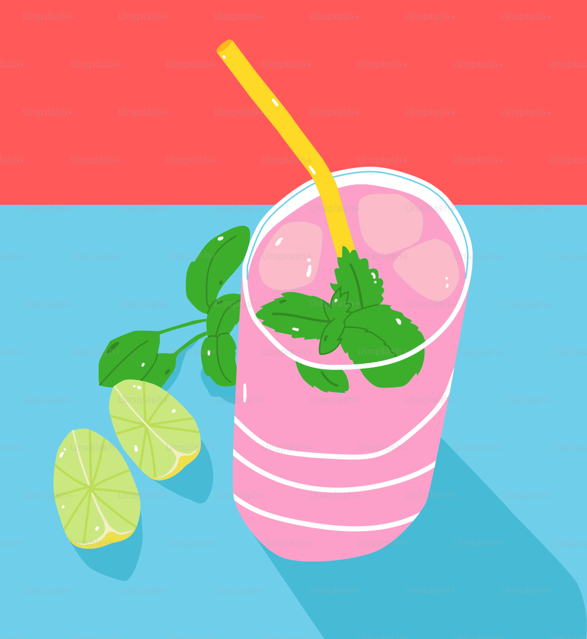 A pink drink with a straw and mint on a blue and red background
