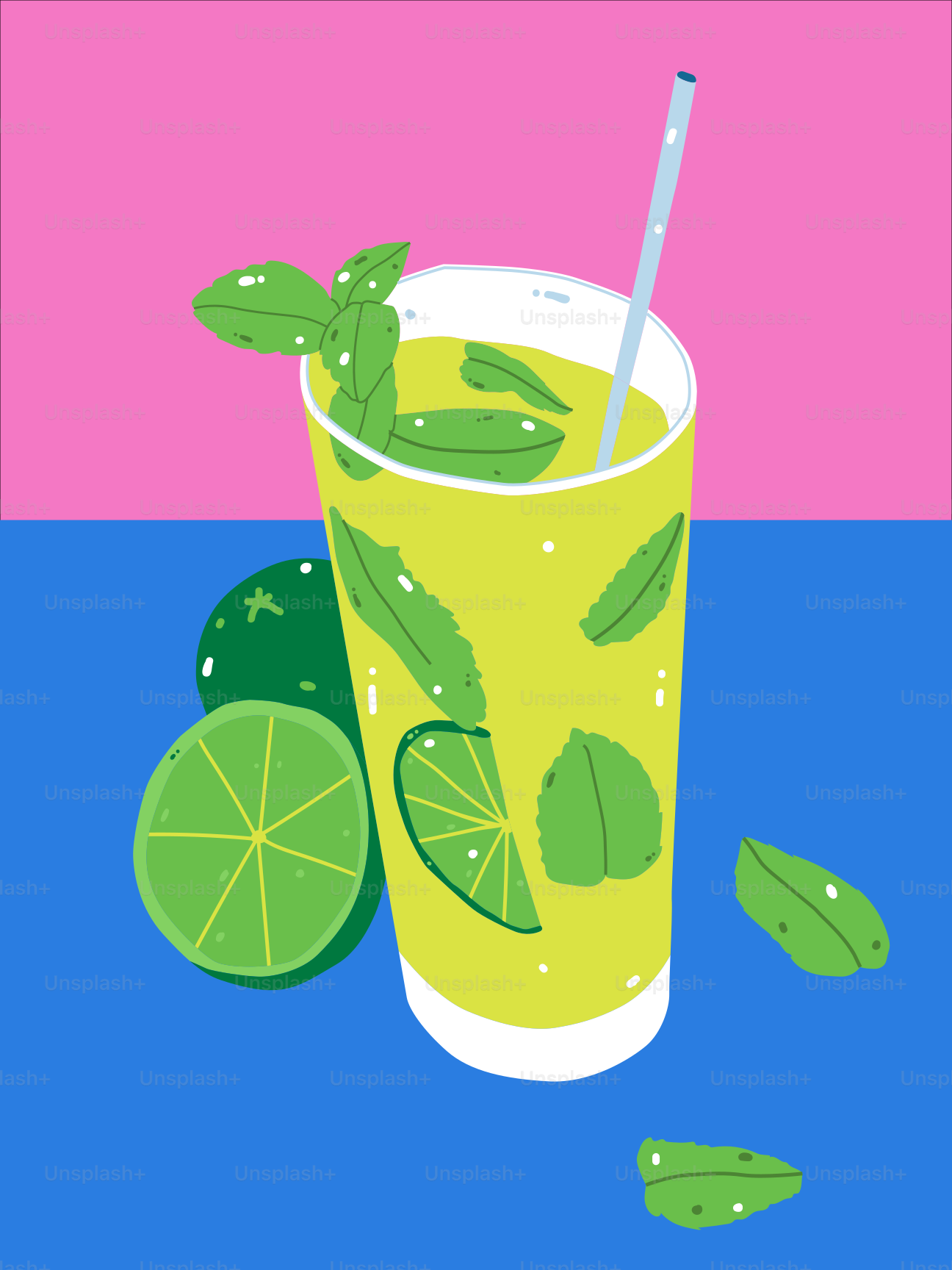 A picture of a drink with a straw and lime