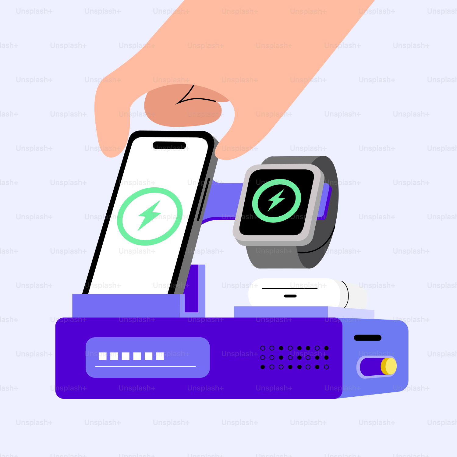 A hand is holding a smart watch and charging it