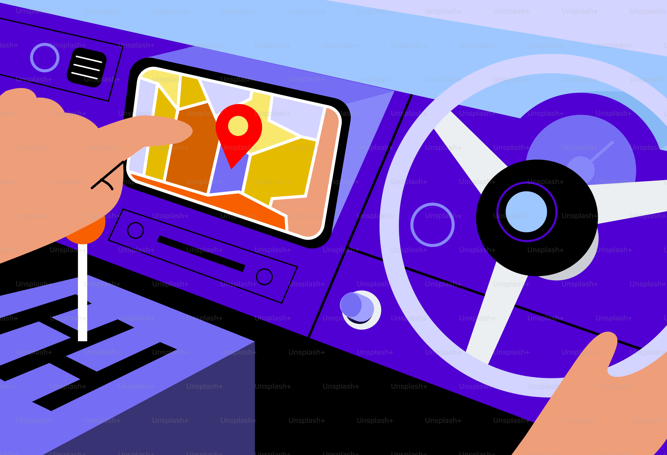 Eine Person, die ein Autoradio mit einer Karte auf dem Bildschirm benutzt