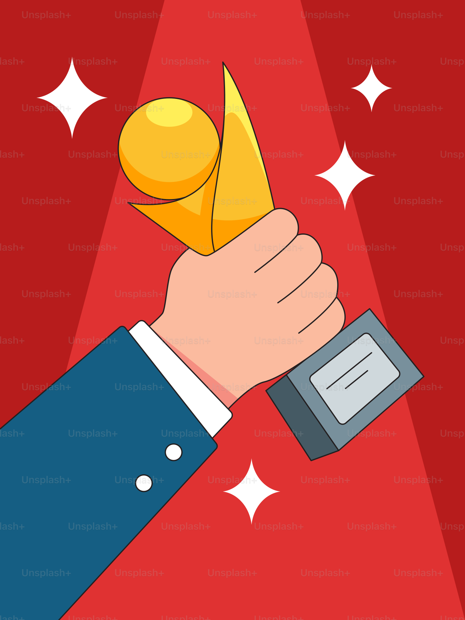 A hand holding a golden trophy over a red background