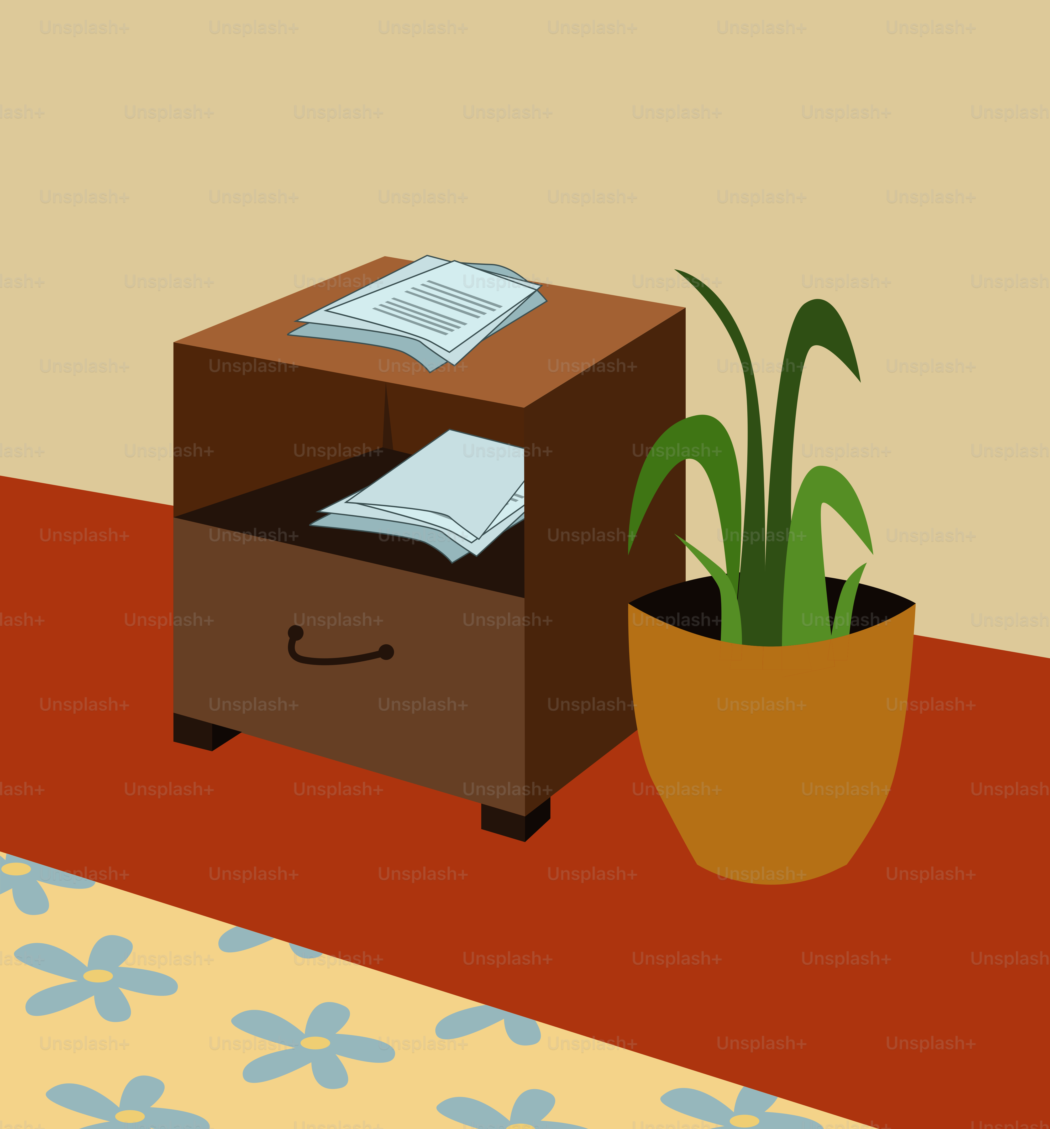A cartoon picture of a desk with a potted plant next to it