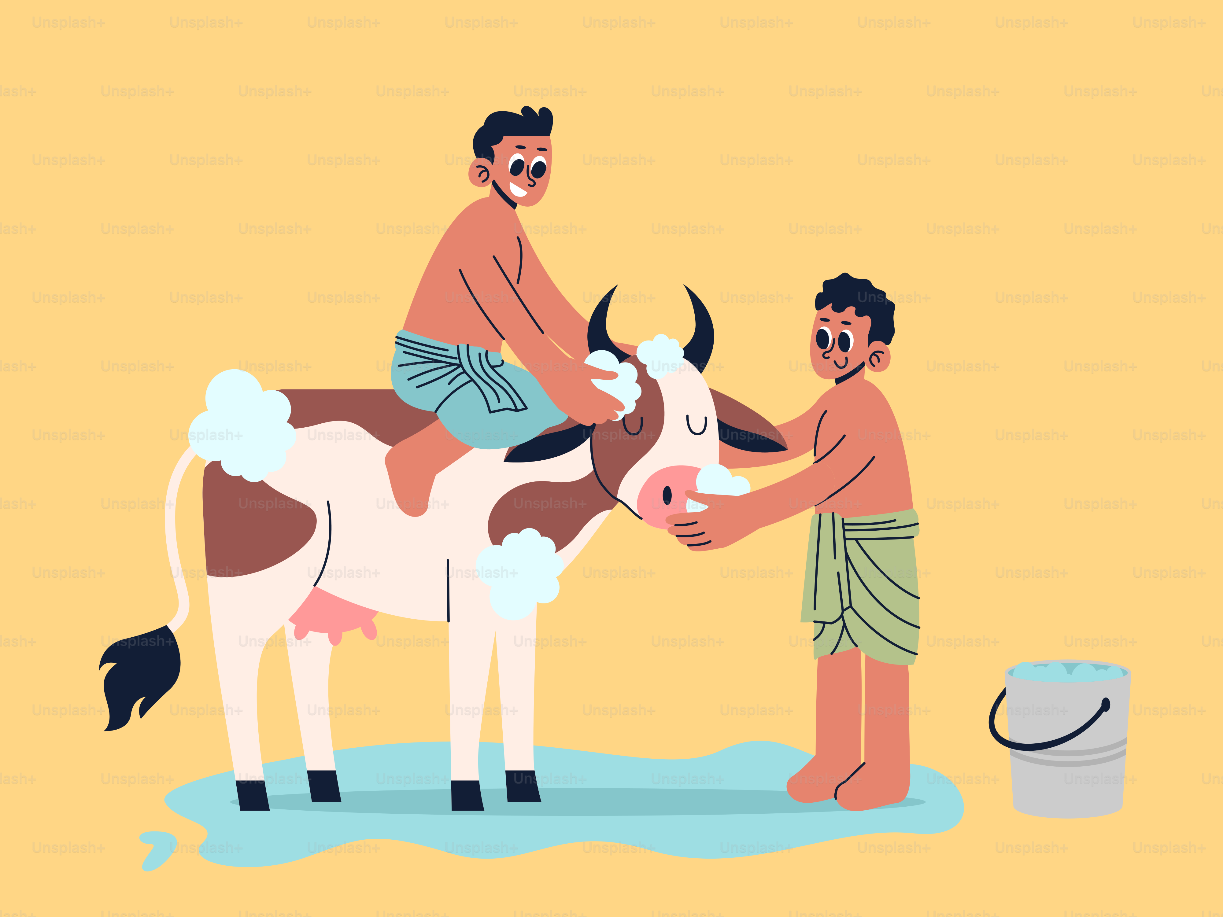 Dos hombres lavan una vaca con un balde