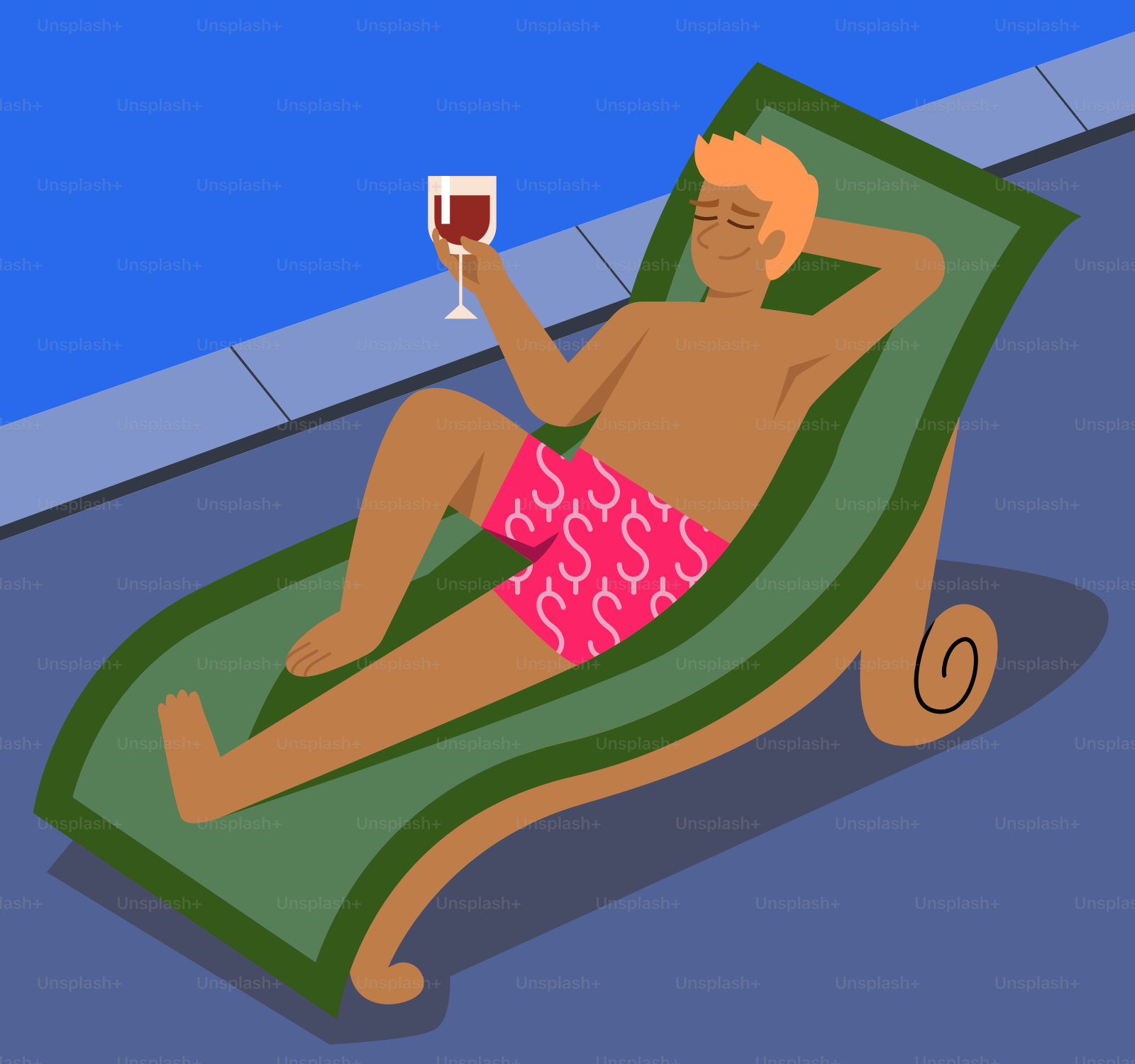 A man laying on a towel with a glass of wine